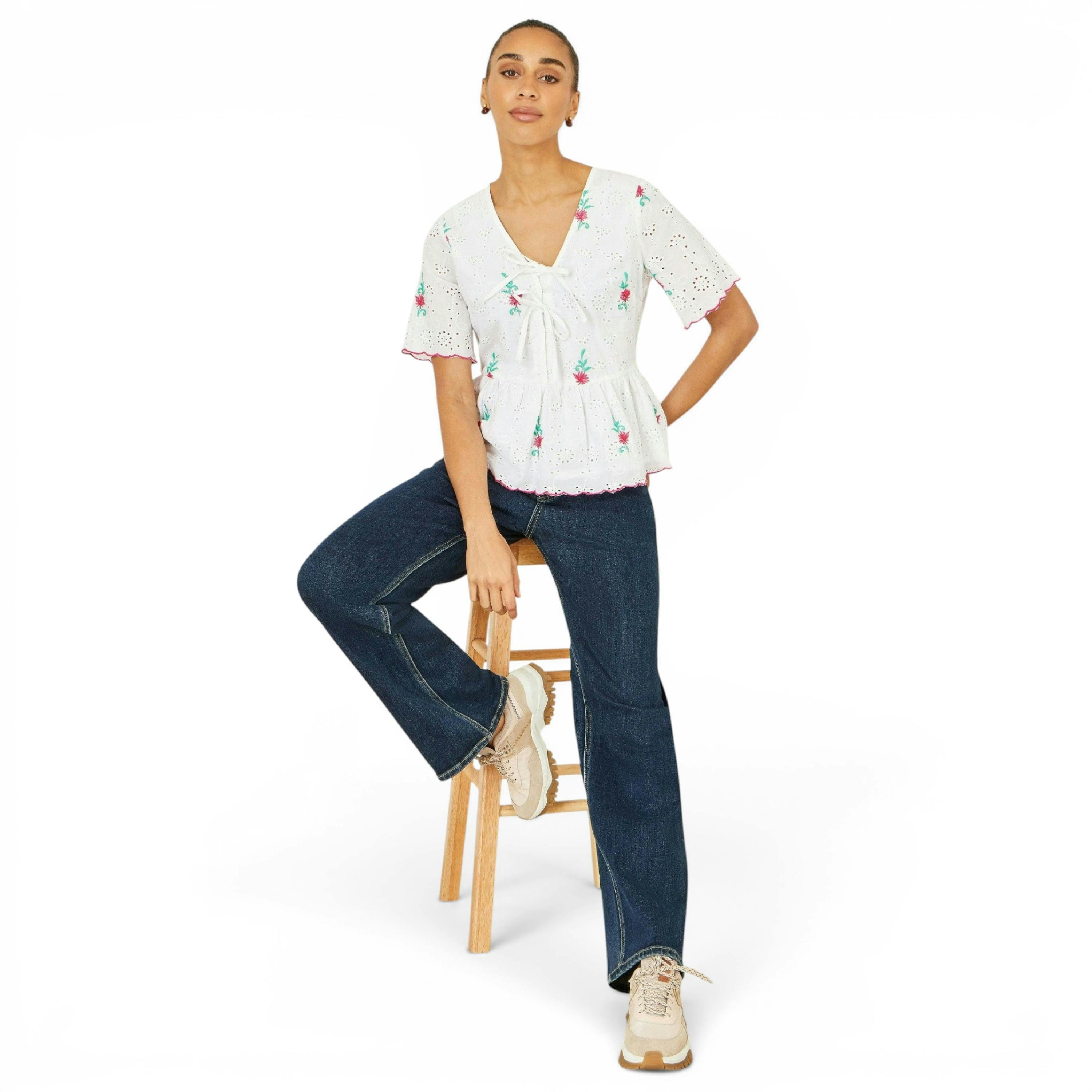 Yumi White Cotton Broderie Anglaise Embroidered Tie Top , view 2 of 6