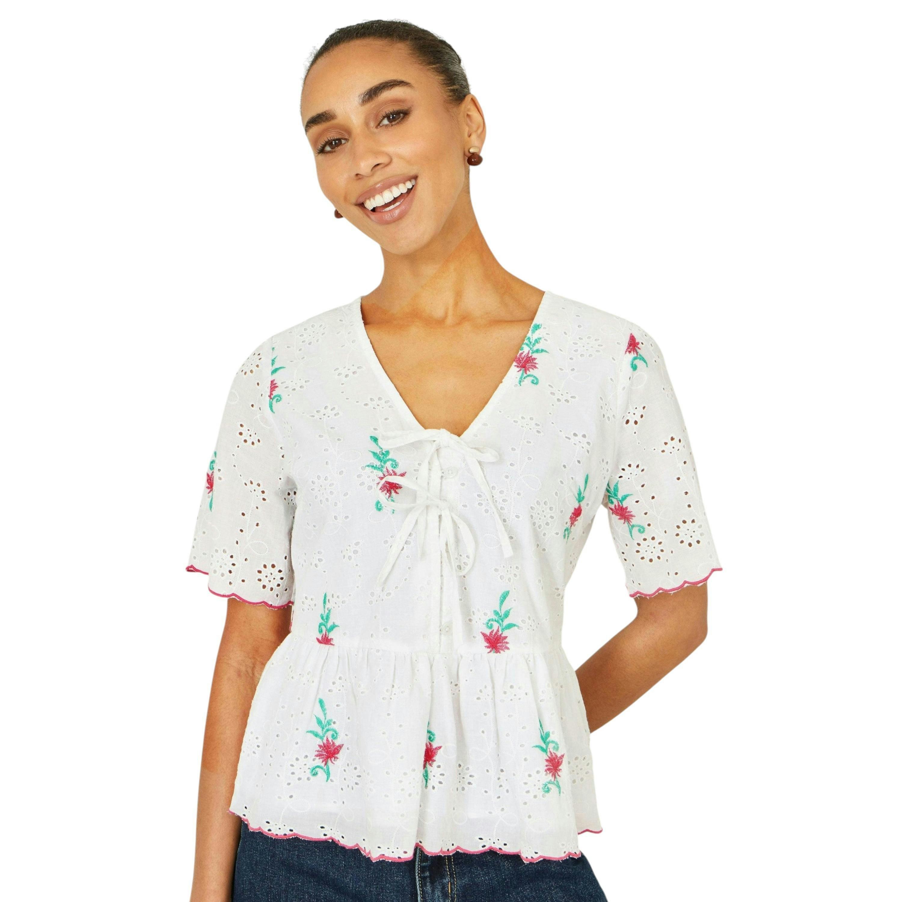 Yumi White Cotton Broderie Anglaise Embroidered Tie Top , view 3 of 6