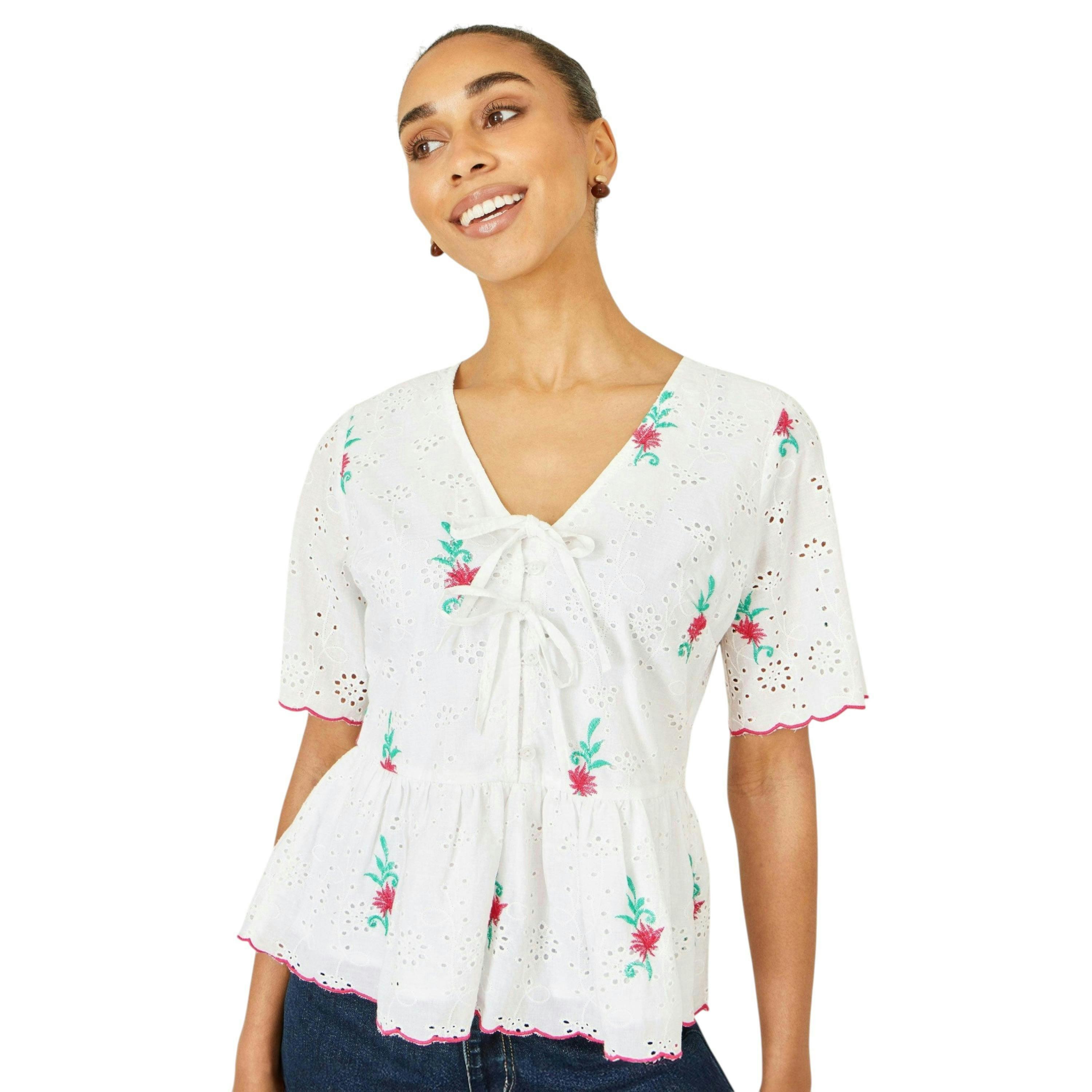Yumi White Cotton Broderie Anglaise Embroidered Tie Top , view 5 of 6