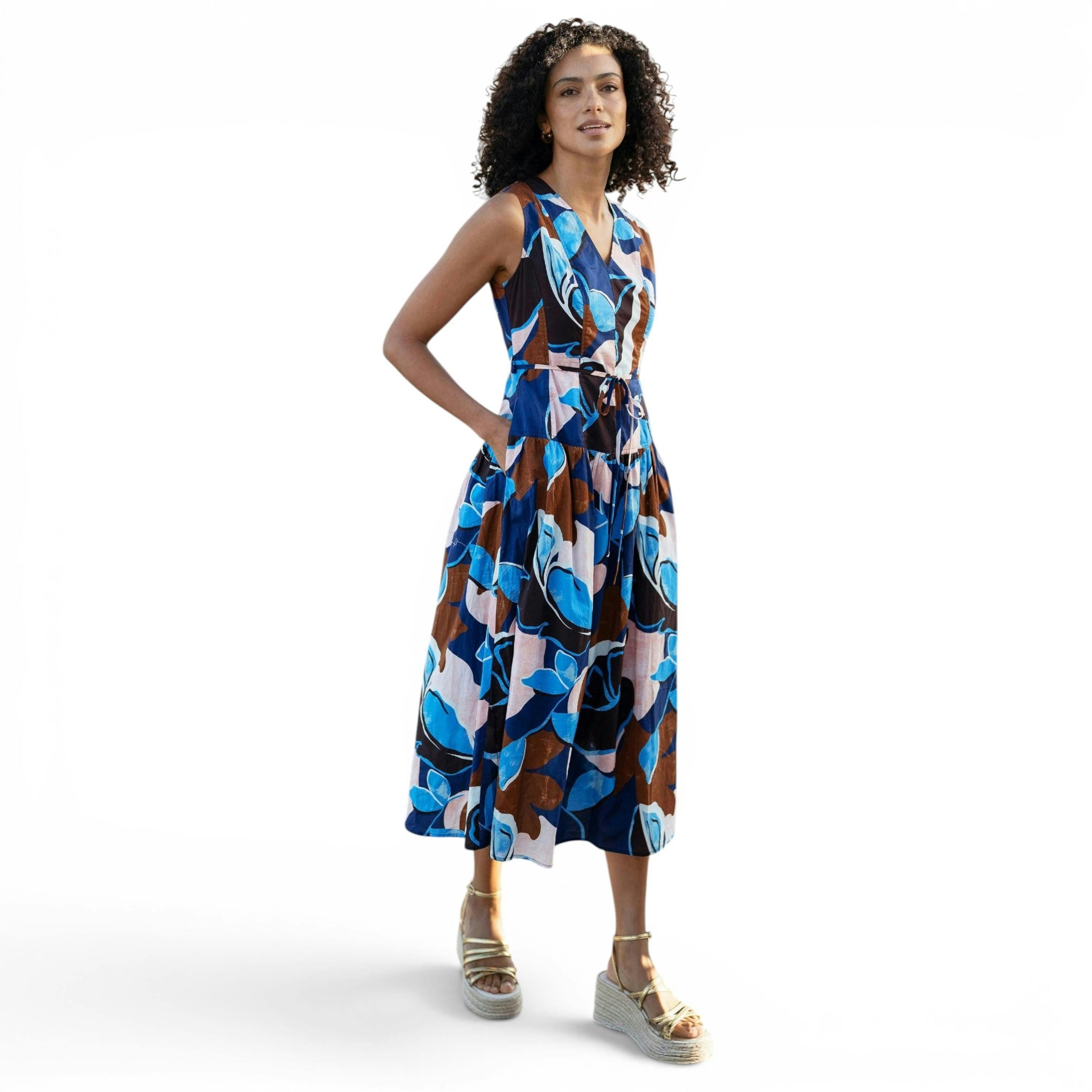 Yumi Blue Cotton Floral Abstract Dropped Waist Midi Dress , view 1 of 6