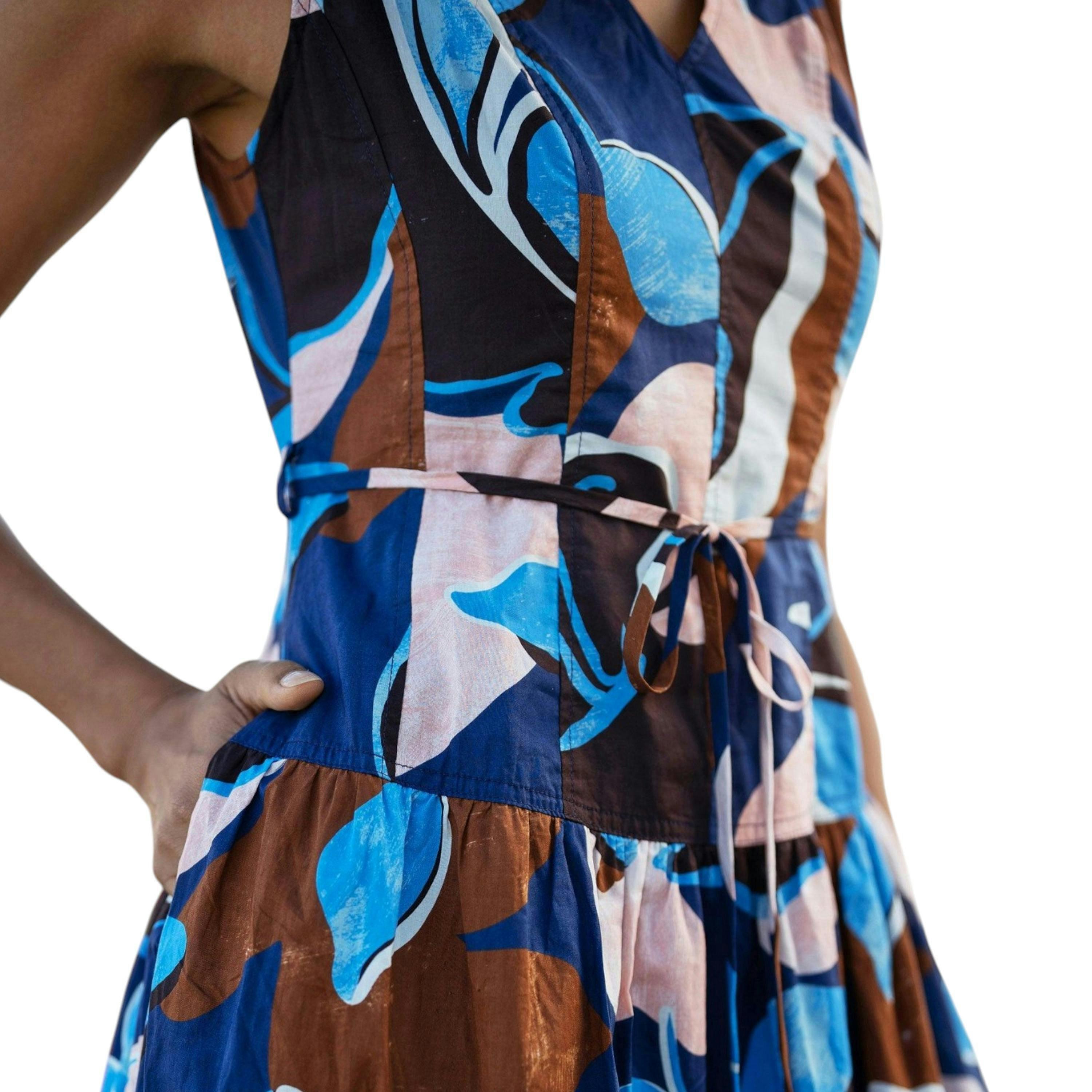 Yumi Blue Cotton Floral Abstract Dropped Waist Midi Dress , view 2 of 6