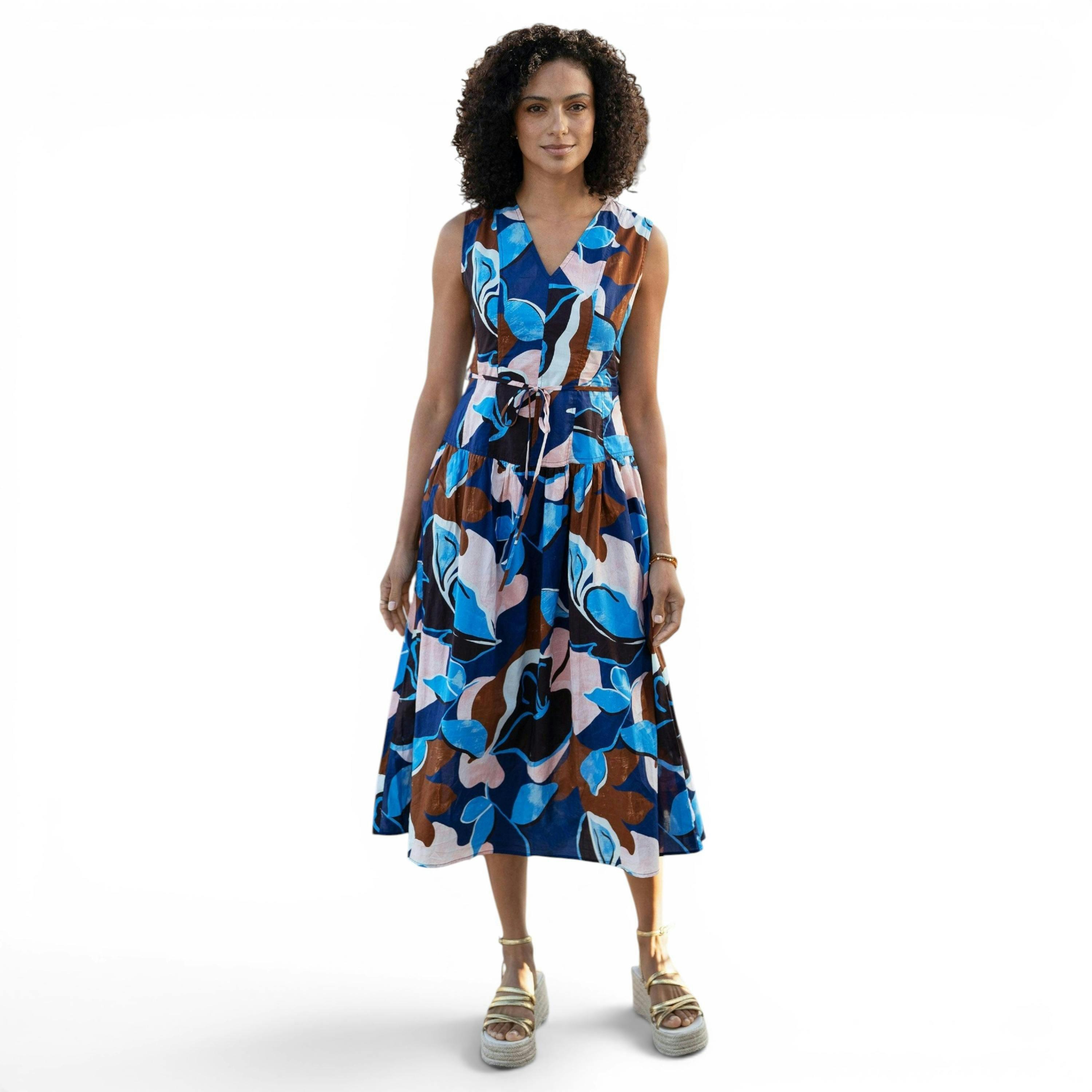 Yumi Blue Cotton Floral Abstract Dropped Waist Midi Dress , view 3 of 6