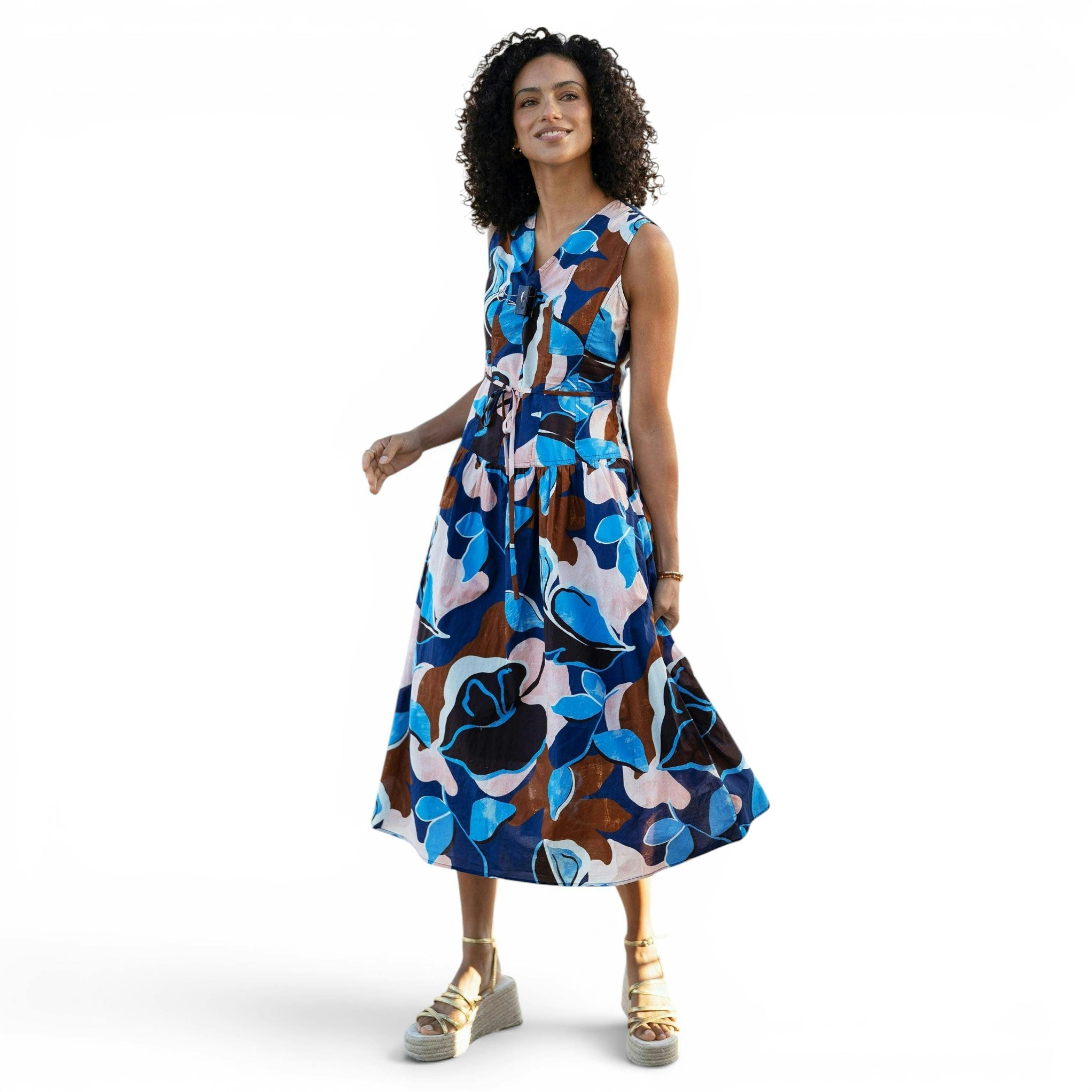 Yumi Blue Cotton Floral Abstract Dropped Waist Midi Dress , view 4 of 6
