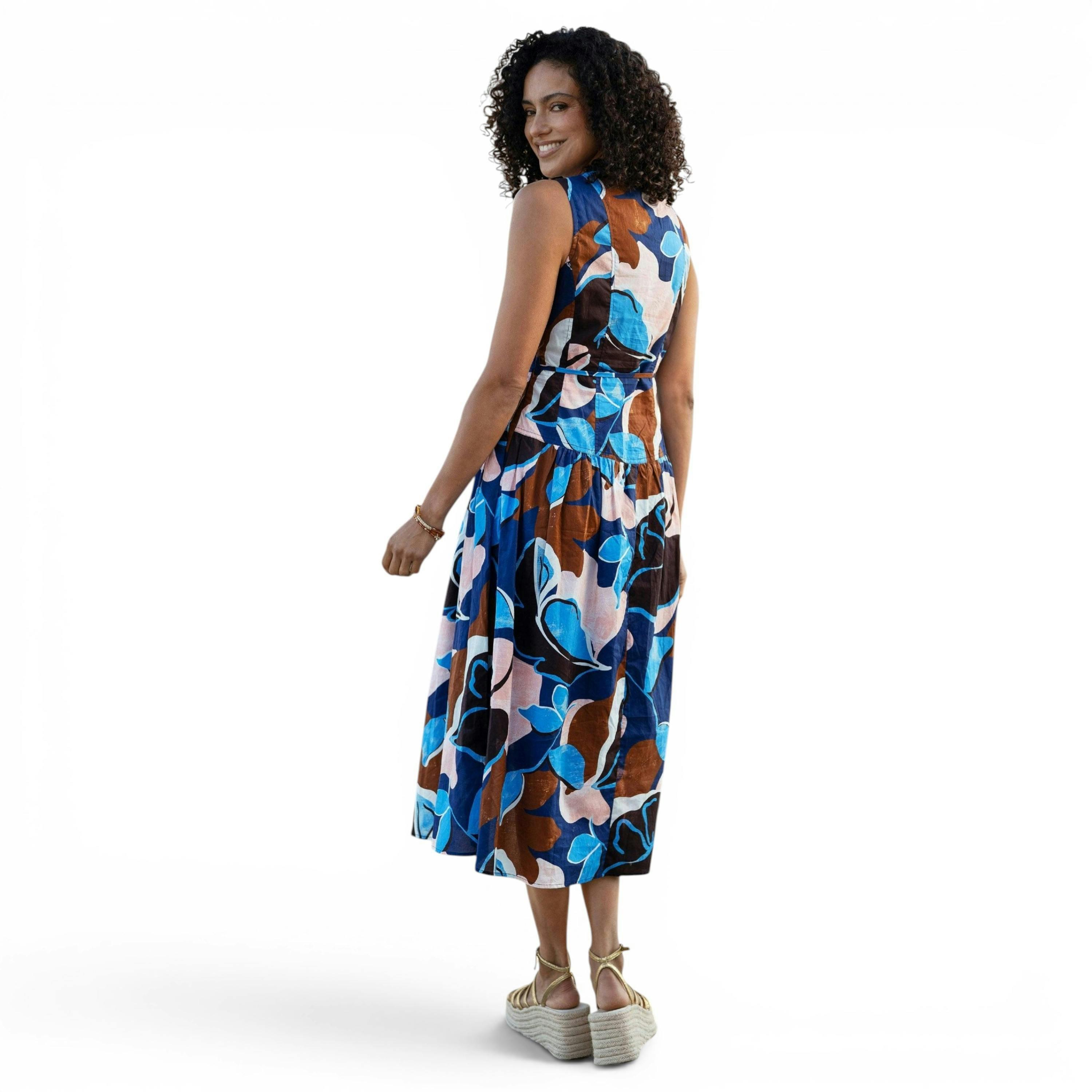 Yumi Blue Cotton Floral Abstract Dropped Waist Midi Dress , view 5 of 6