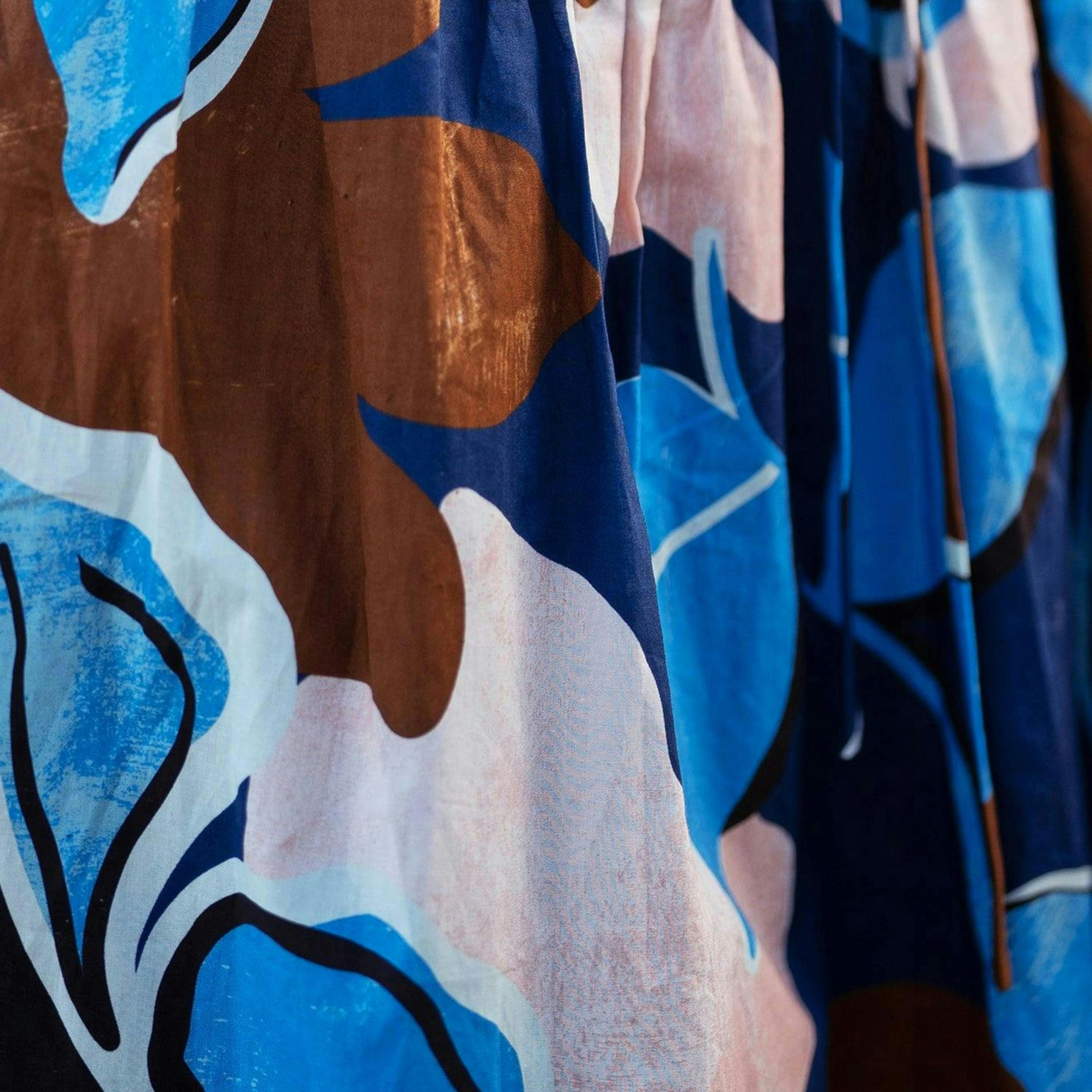 Yumi Blue Cotton Floral Abstract Dropped Waist Midi Dress , view 6 of 6