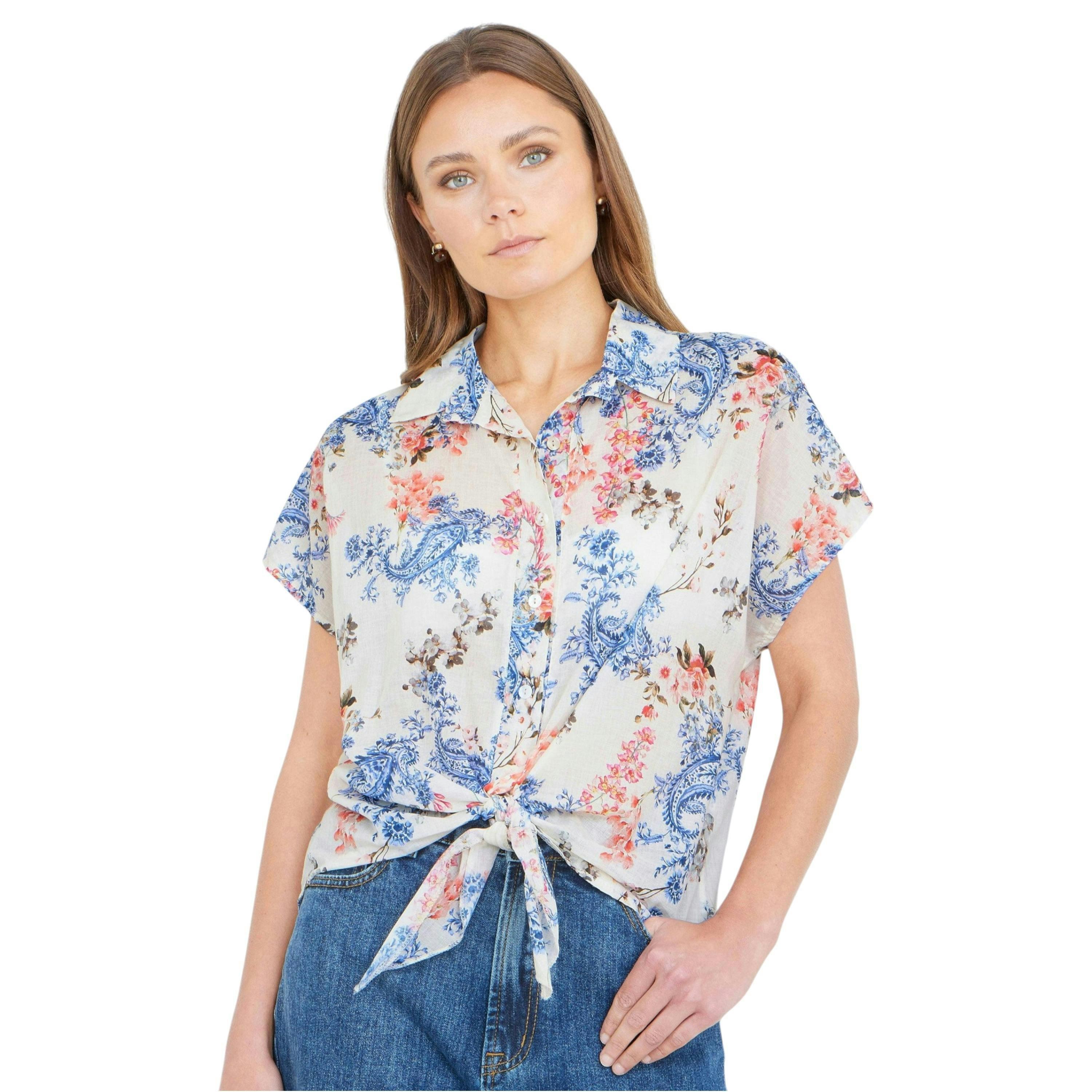 Yumi White Cotton Paisley Print Tie Knot Shirt , view 1 of 6