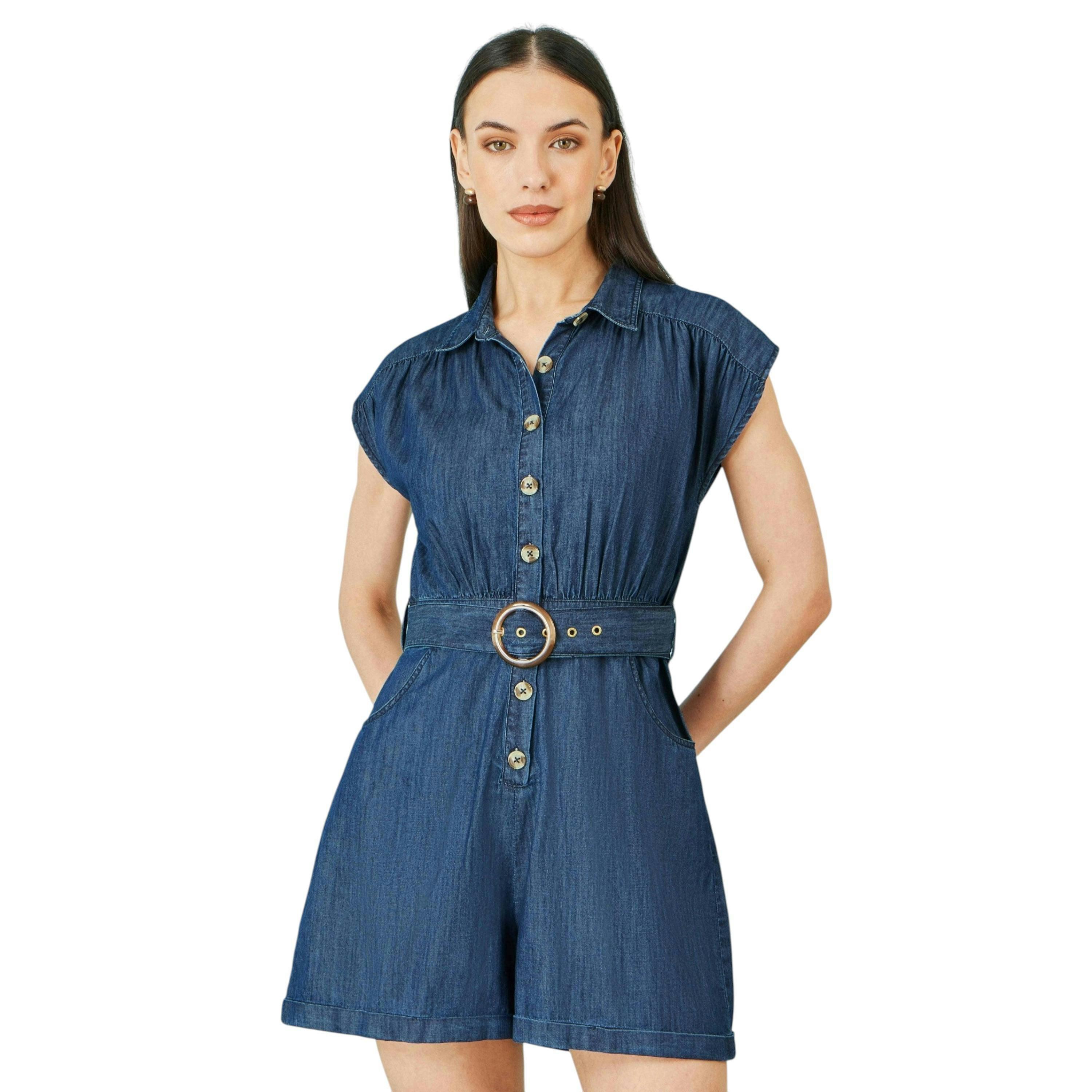 Yumi Blue Chambray Cotton Playsuit , view 1 of 6