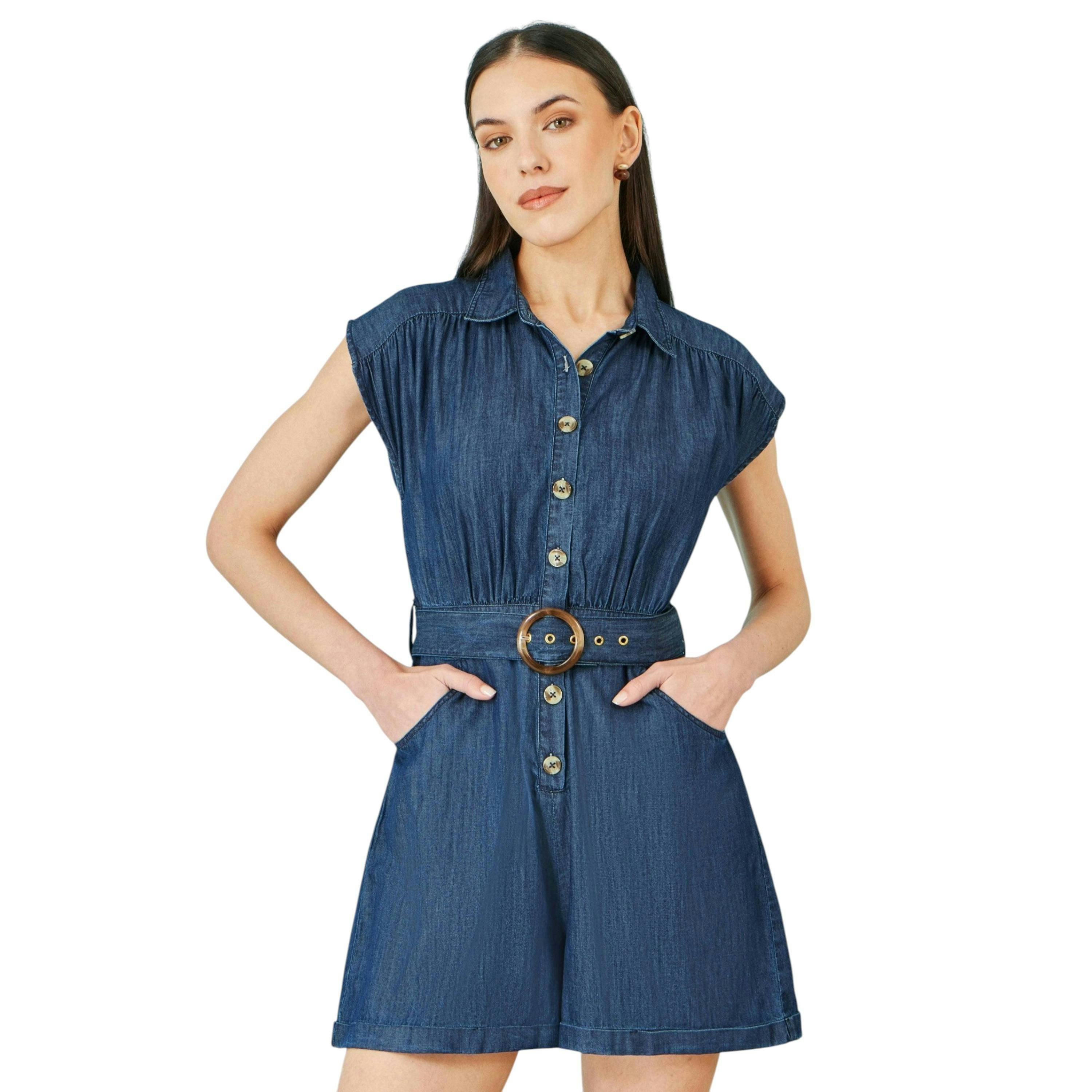 Yumi Blue Chambray Cotton Playsuit , view 2 of 6
