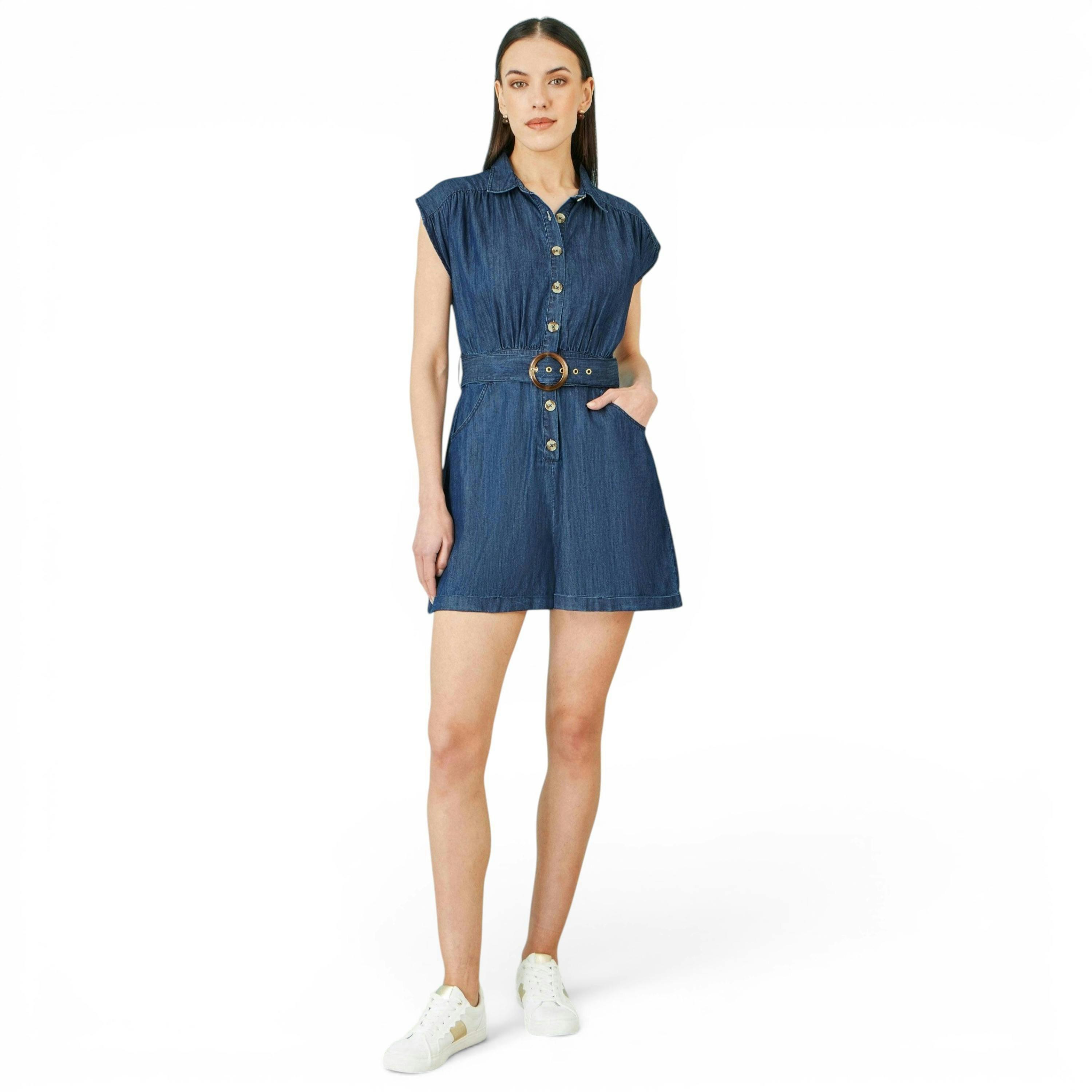 Yumi Blue Chambray Cotton Playsuit , view 3 of 6