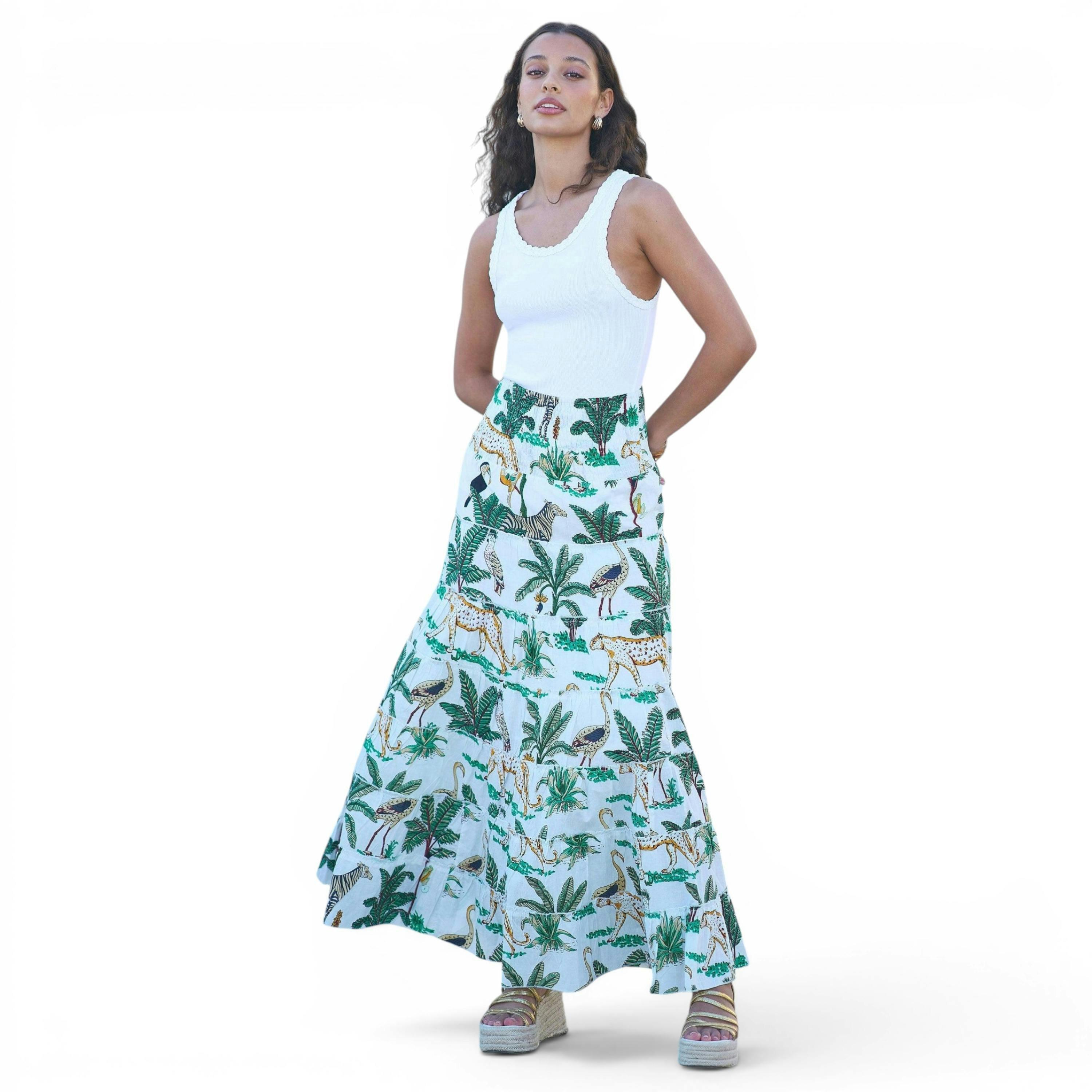 Yumi White Animal Print Cotton Tiered Maxi Skirt , view 1 of 6