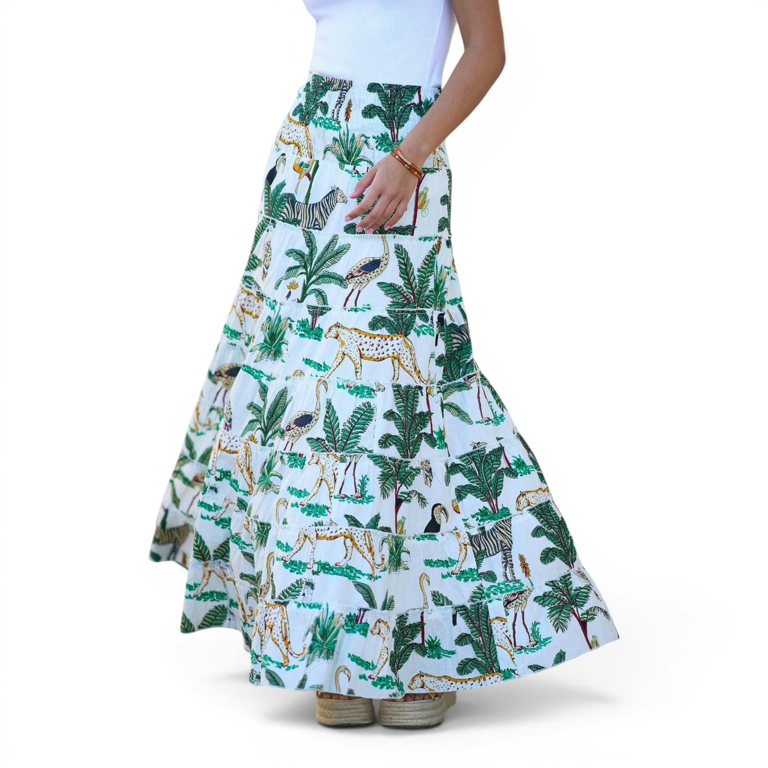 Yumi White Animal Print Cotton Tiered Maxi Skirt , view 2 of 6