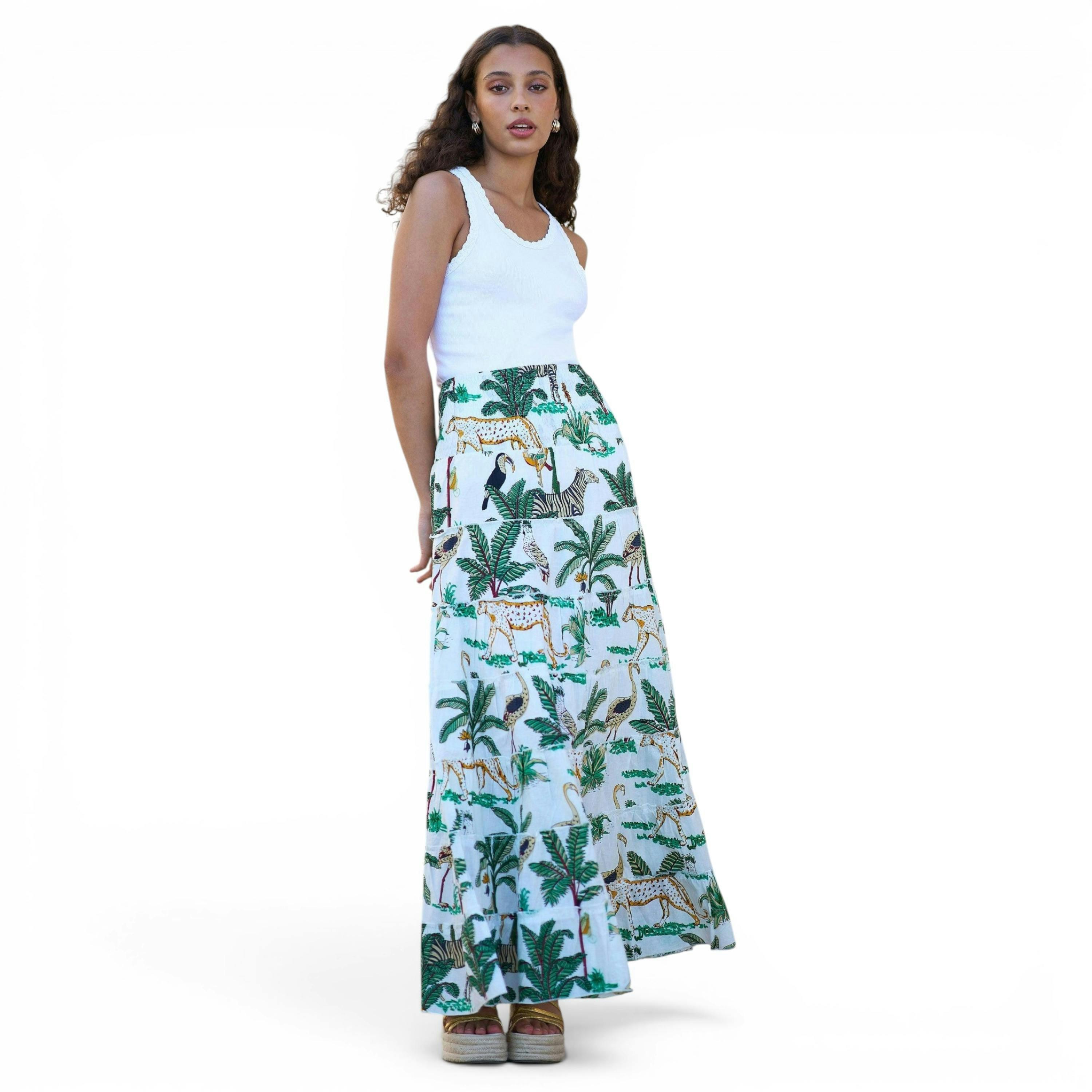Yumi White Animal Print Cotton Tiered Maxi Skirt , view 3 of 6