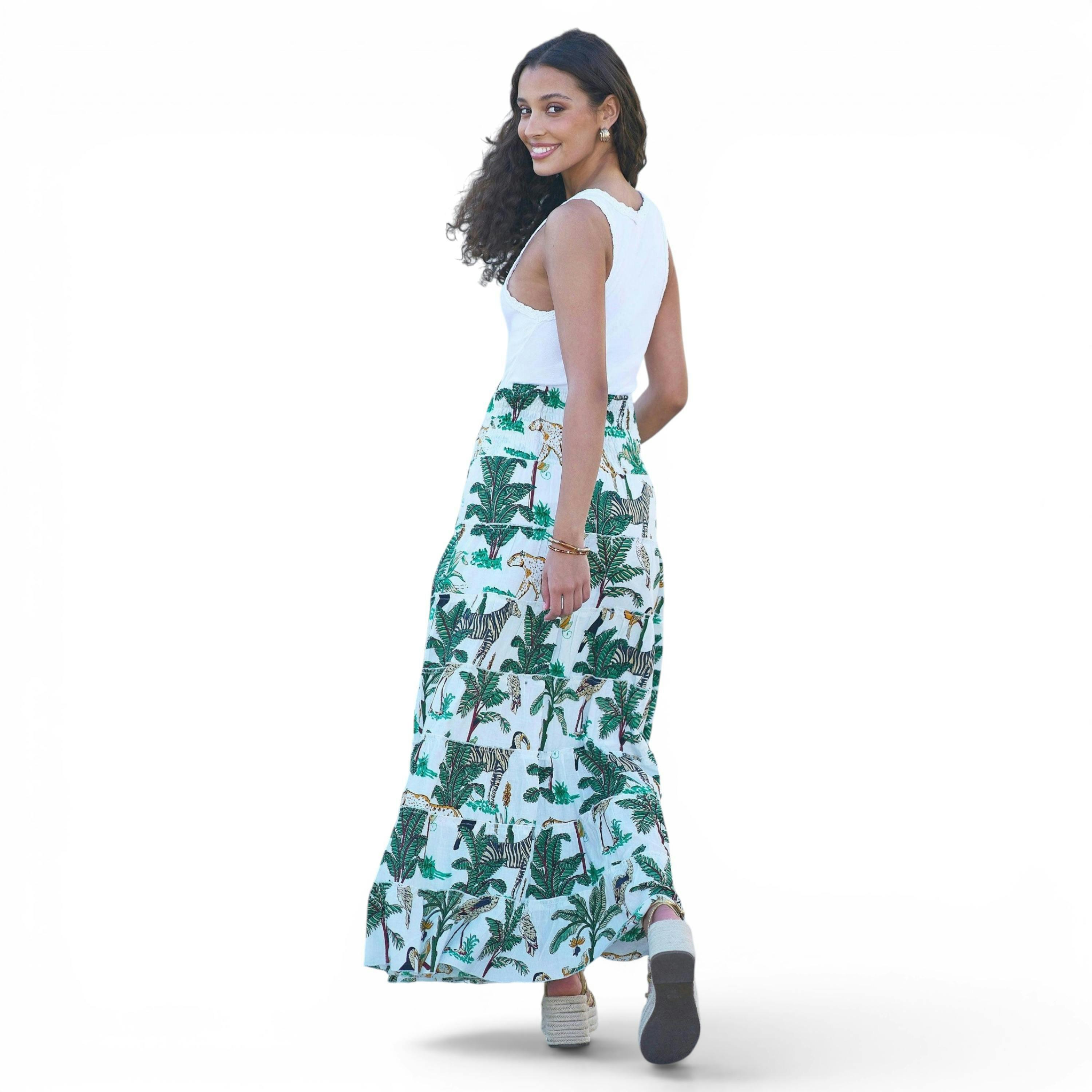 Yumi White Animal Print Cotton Tiered Maxi Skirt , view 4 of 6