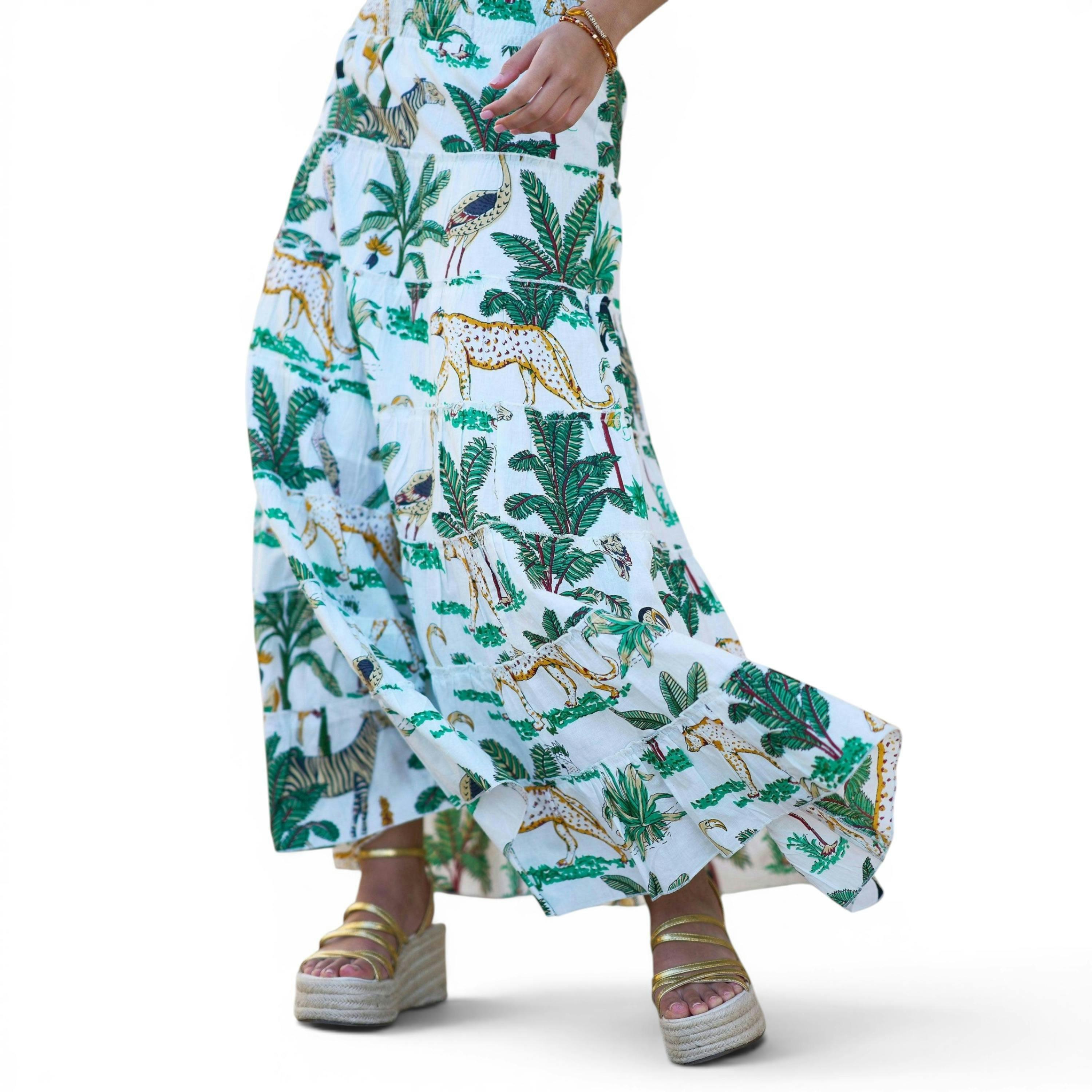 Yumi White Animal Print Cotton Tiered Maxi Skirt , view 5 of 6