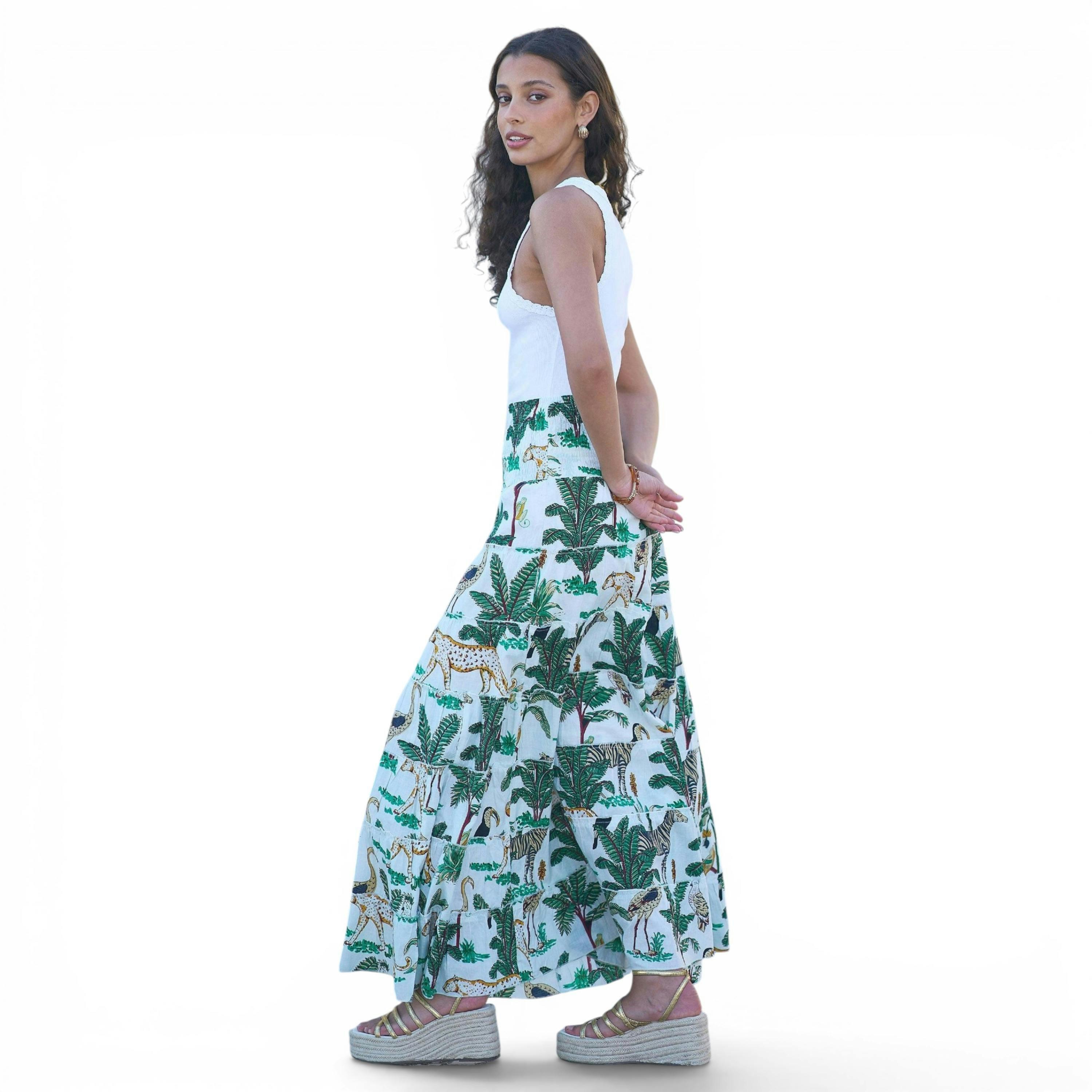 Yumi White Animal Print Cotton Tiered Maxi Skirt , view 6 of 6