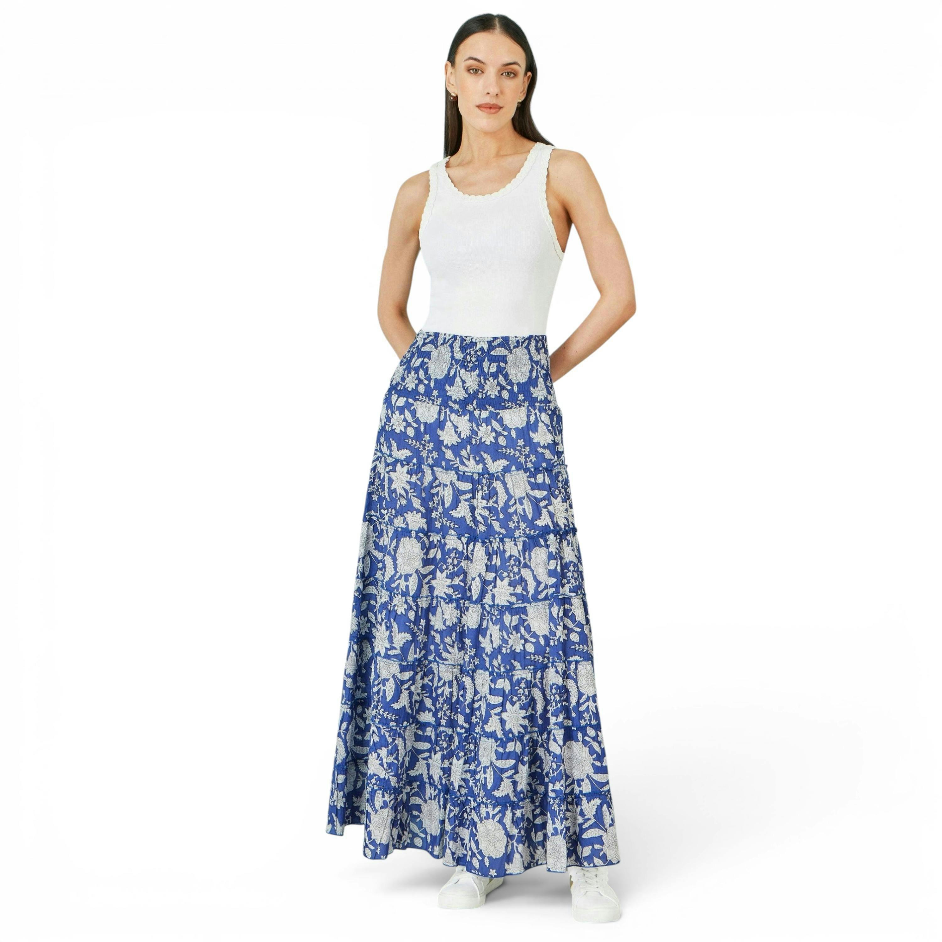 Yumi Blue Floral Cotton Tiered Maxi Skirt , view 1 of 5