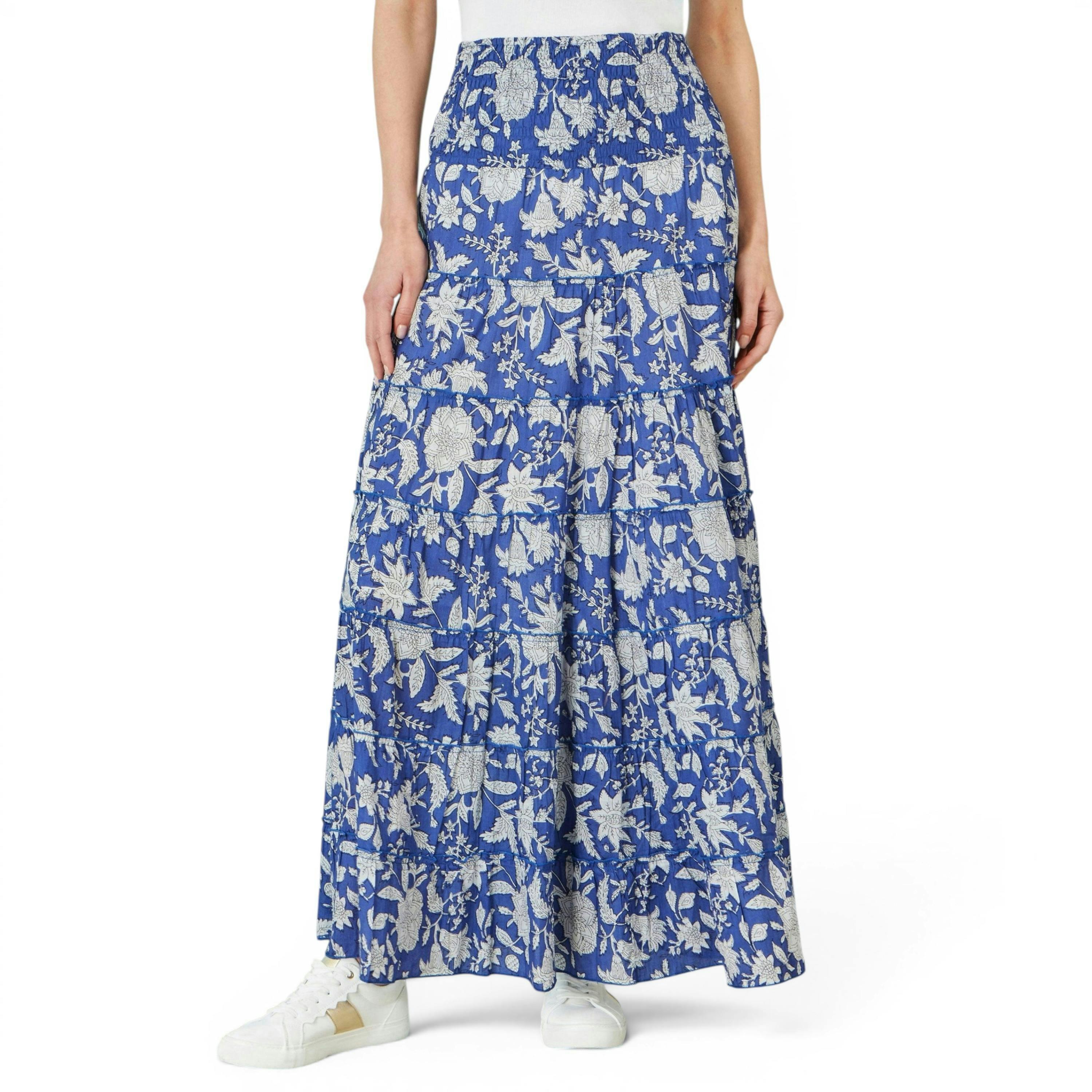 Yumi Blue Floral Cotton Tiered Maxi Skirt , view 2 of 5