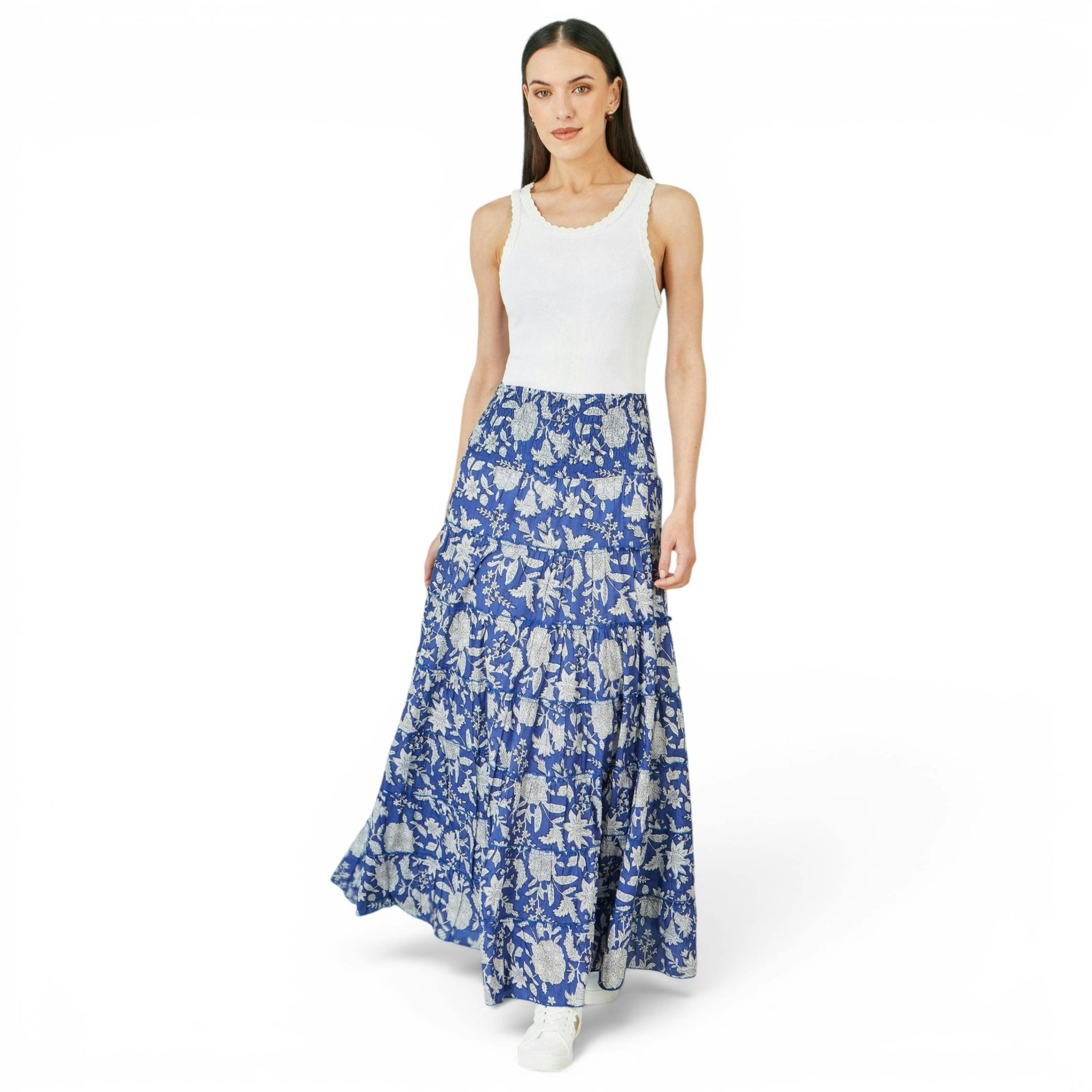 Yumi Blue Floral Cotton Tiered Maxi Skirt , view 3 of 5