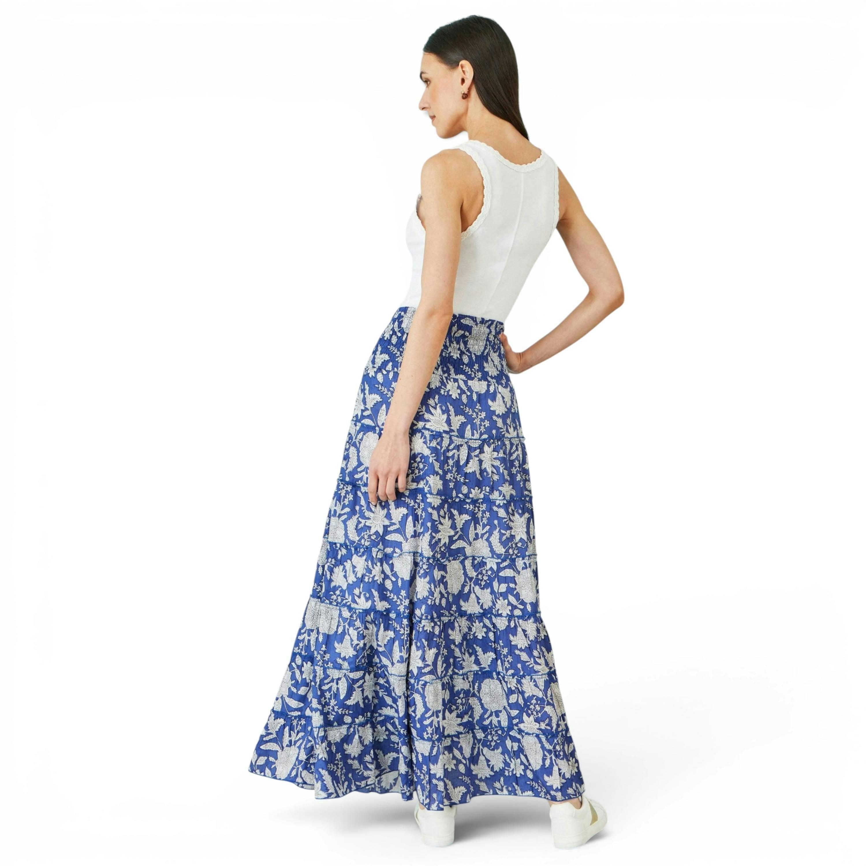 Yumi Blue Floral Cotton Tiered Maxi Skirt , view 4 of 5