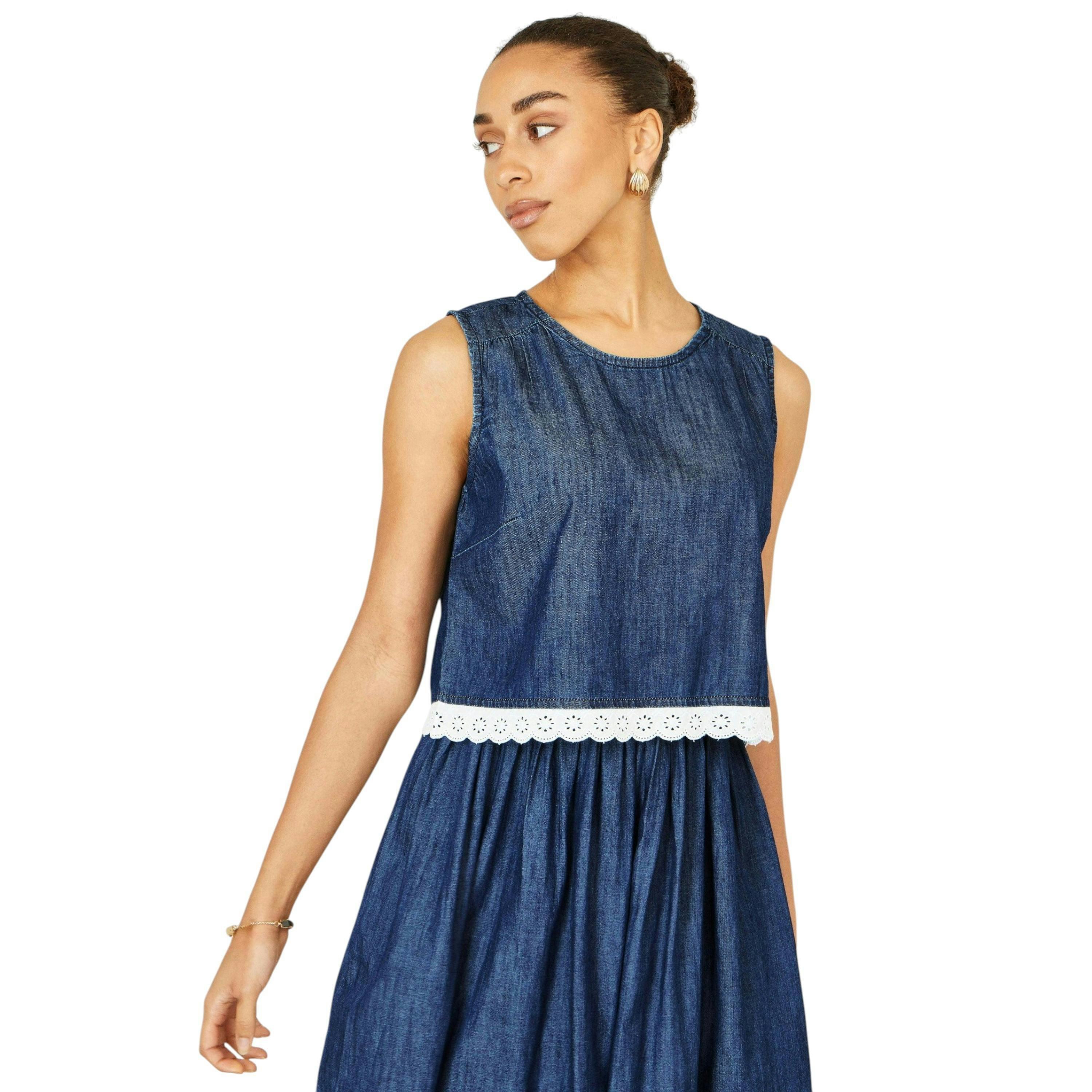 Yumi Blue Cotton Chambray Top With Lace Trims , view 1 of 6