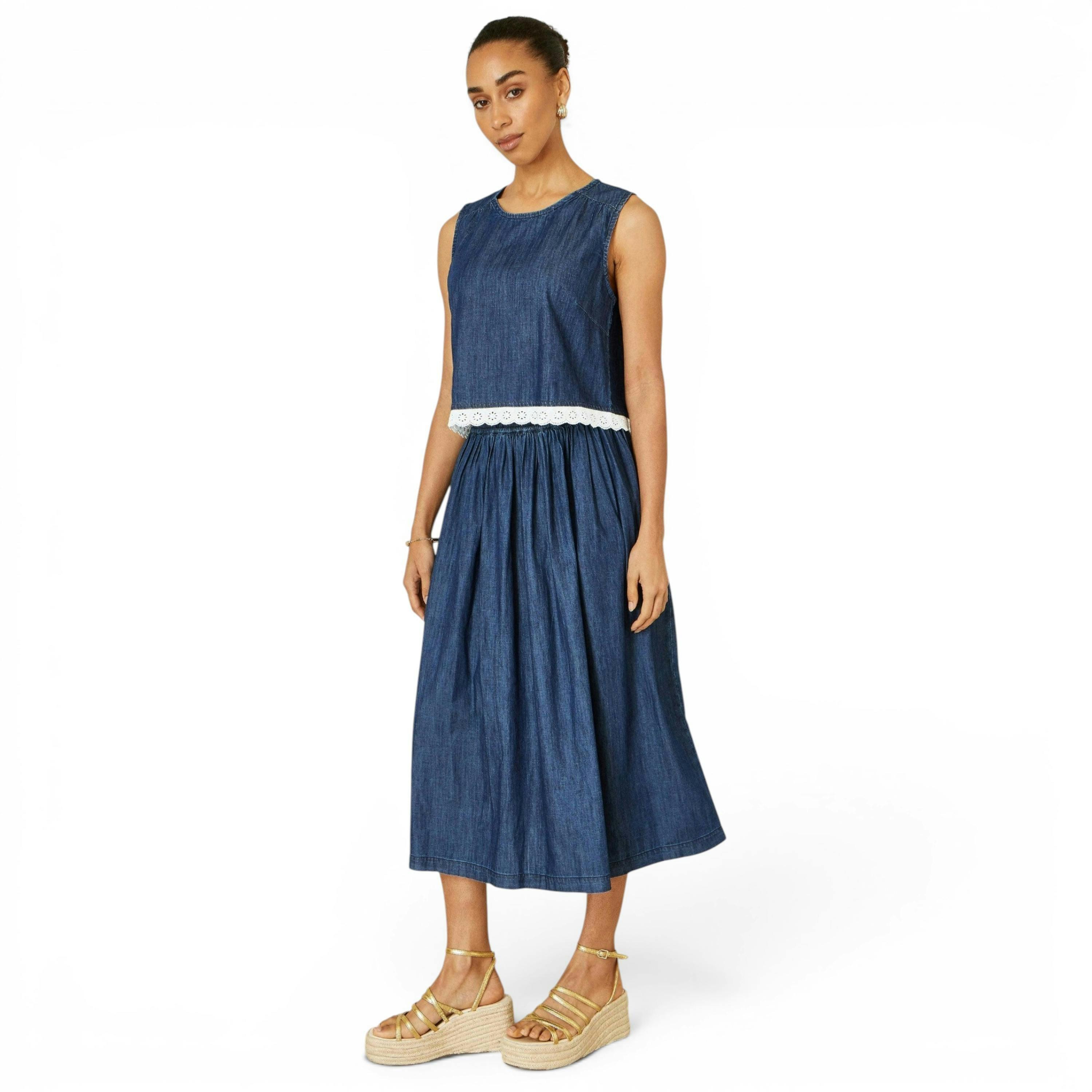 Yumi Blue Cotton Chambray Top With Lace Trims , view 2 of 6
