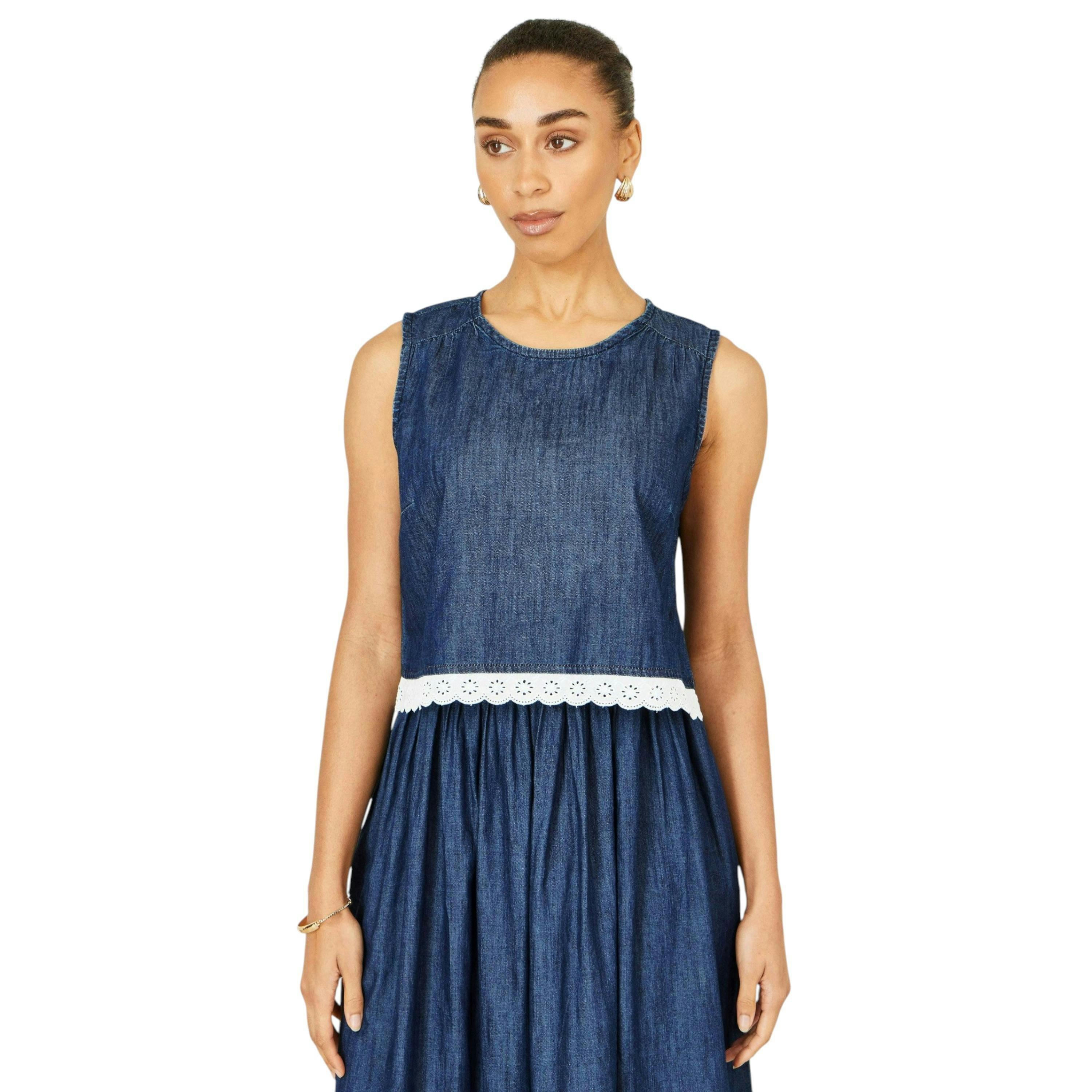 Yumi Blue Cotton Chambray Top With Lace Trims , view 3 of 6