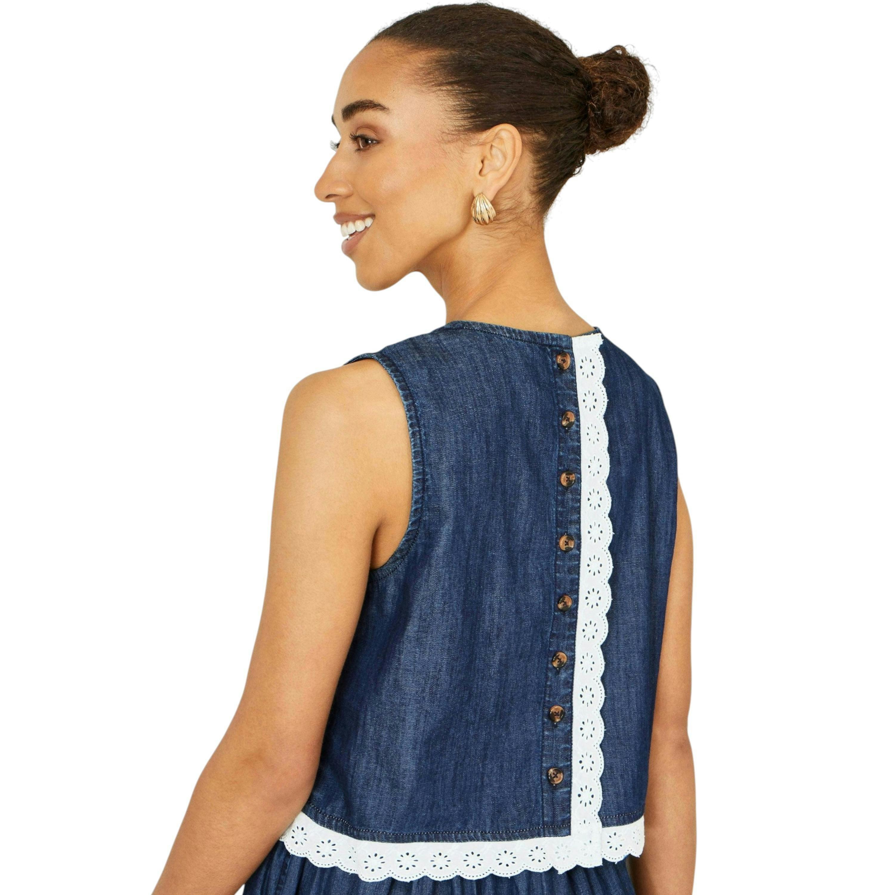 Yumi Blue Cotton Chambray Top With Lace Trims , view 4 of 6