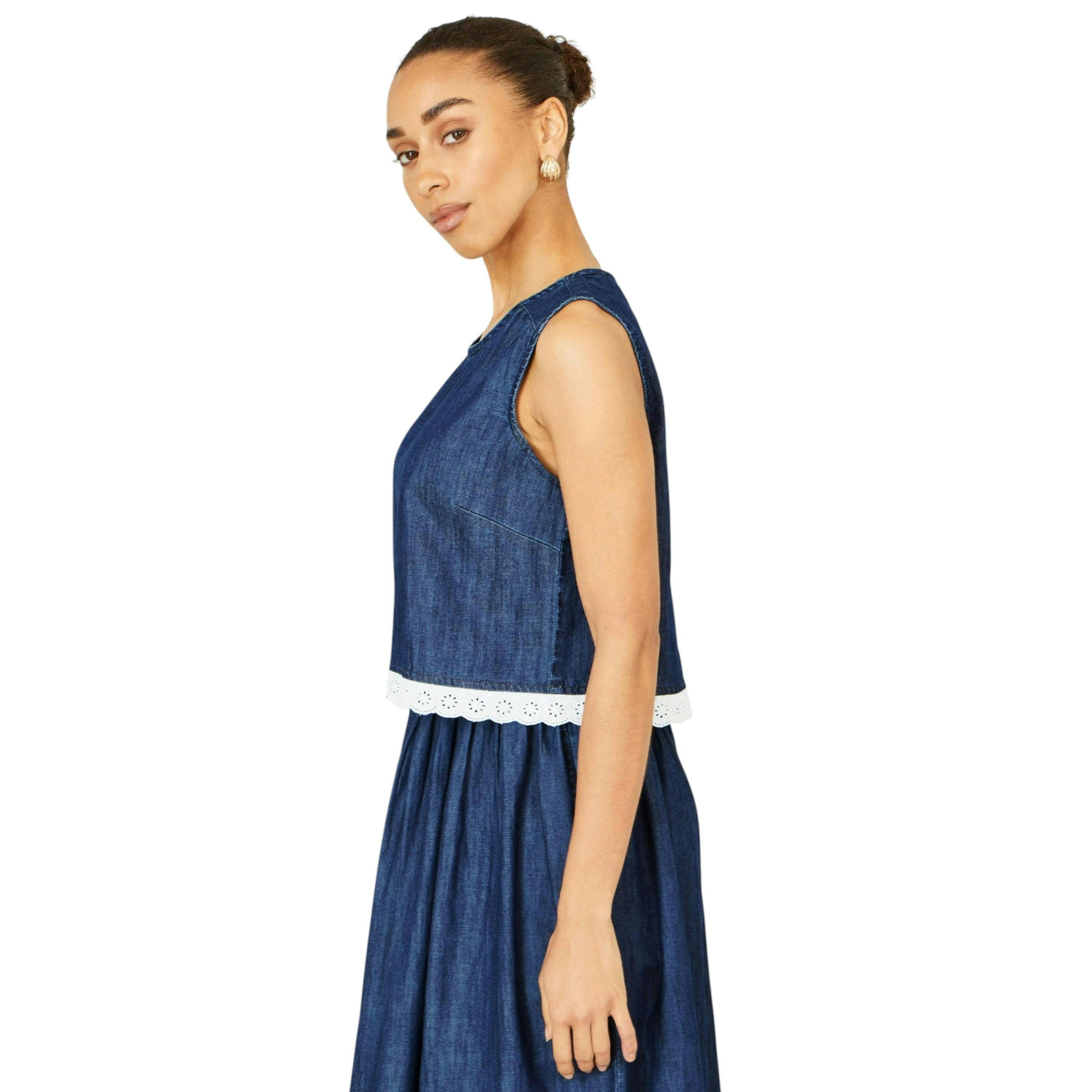 Yumi Blue Cotton Chambray Top With Lace Trims , view 6 of 6
