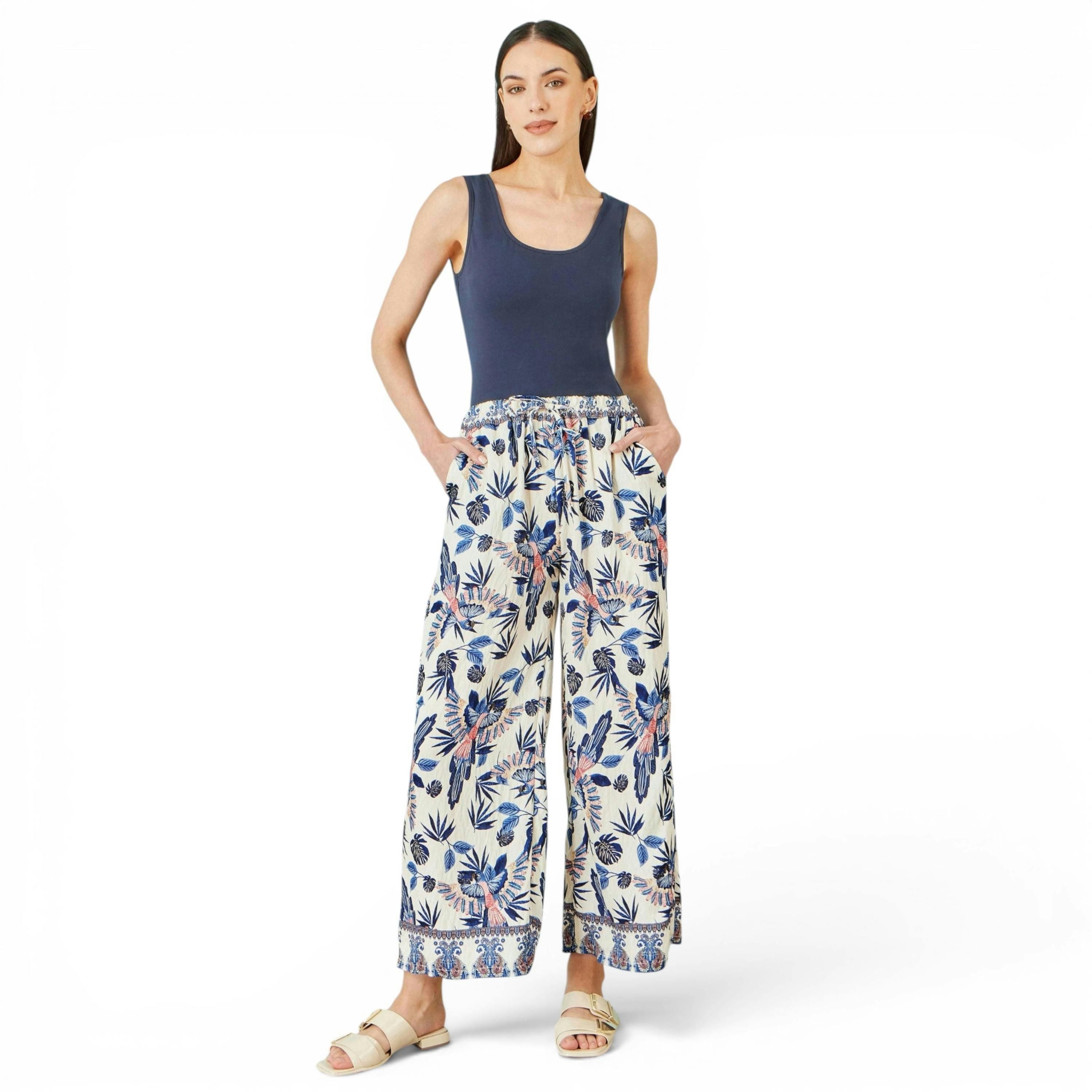 Yumi Blue Bird Print Viscose Wide Leg Trousers , view 1 of 4