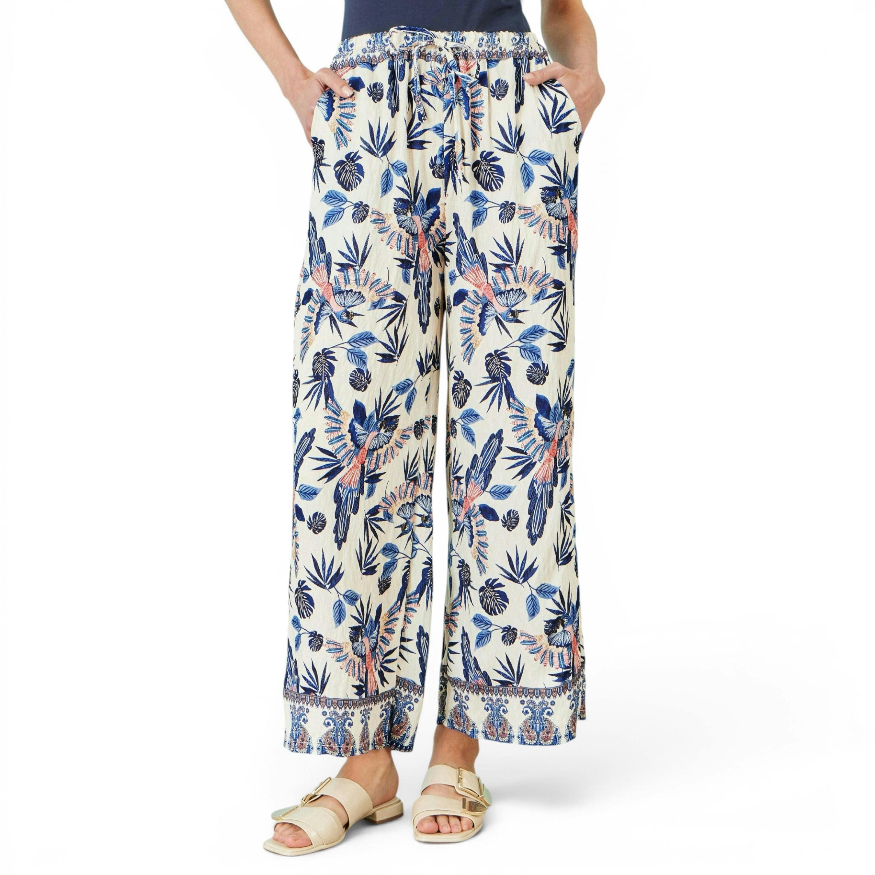 Yumi Blue Bird Print Viscose Wide Leg Trousers , view 2 of 4
