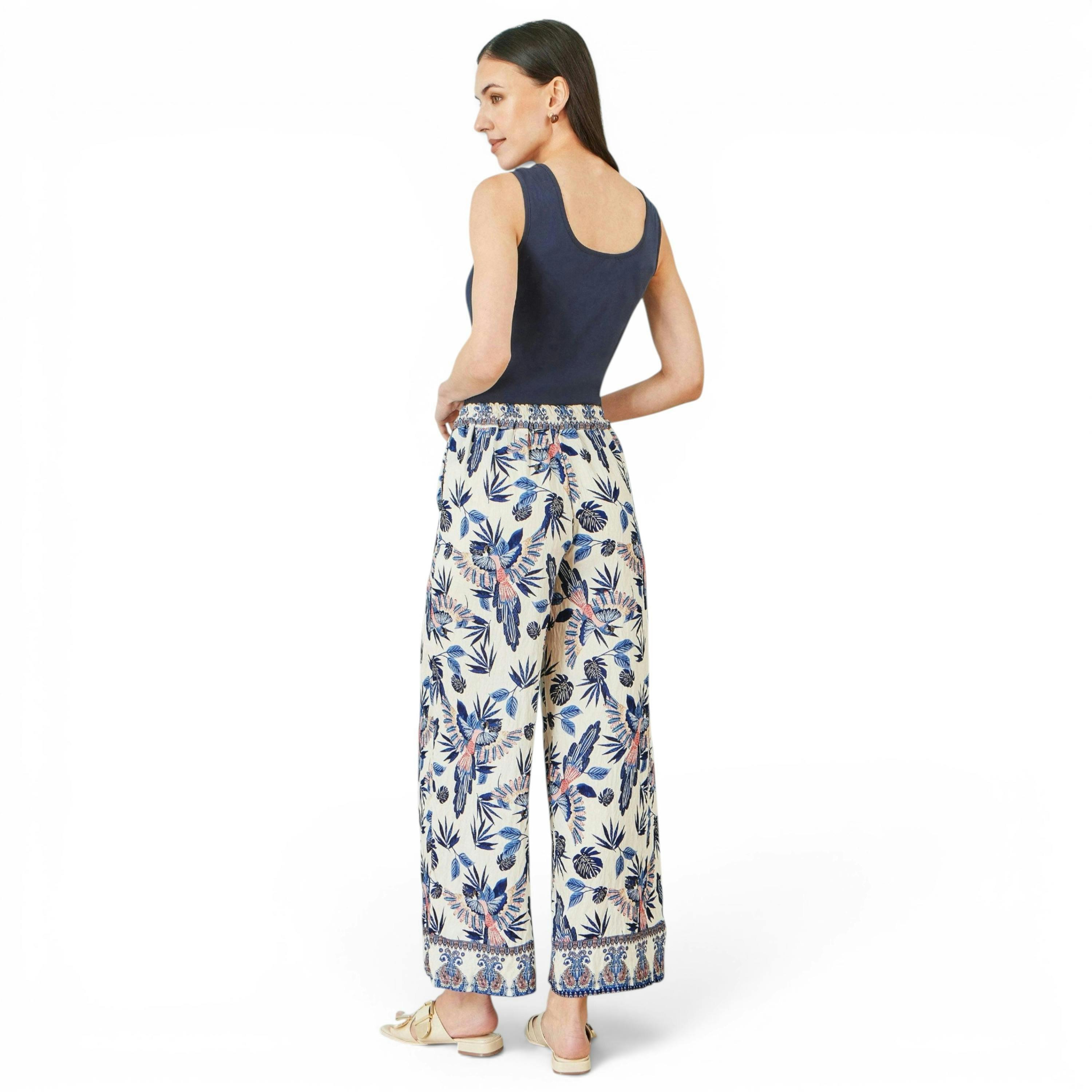 Yumi Blue Bird Print Viscose Wide Leg Trousers , view 3 of 4