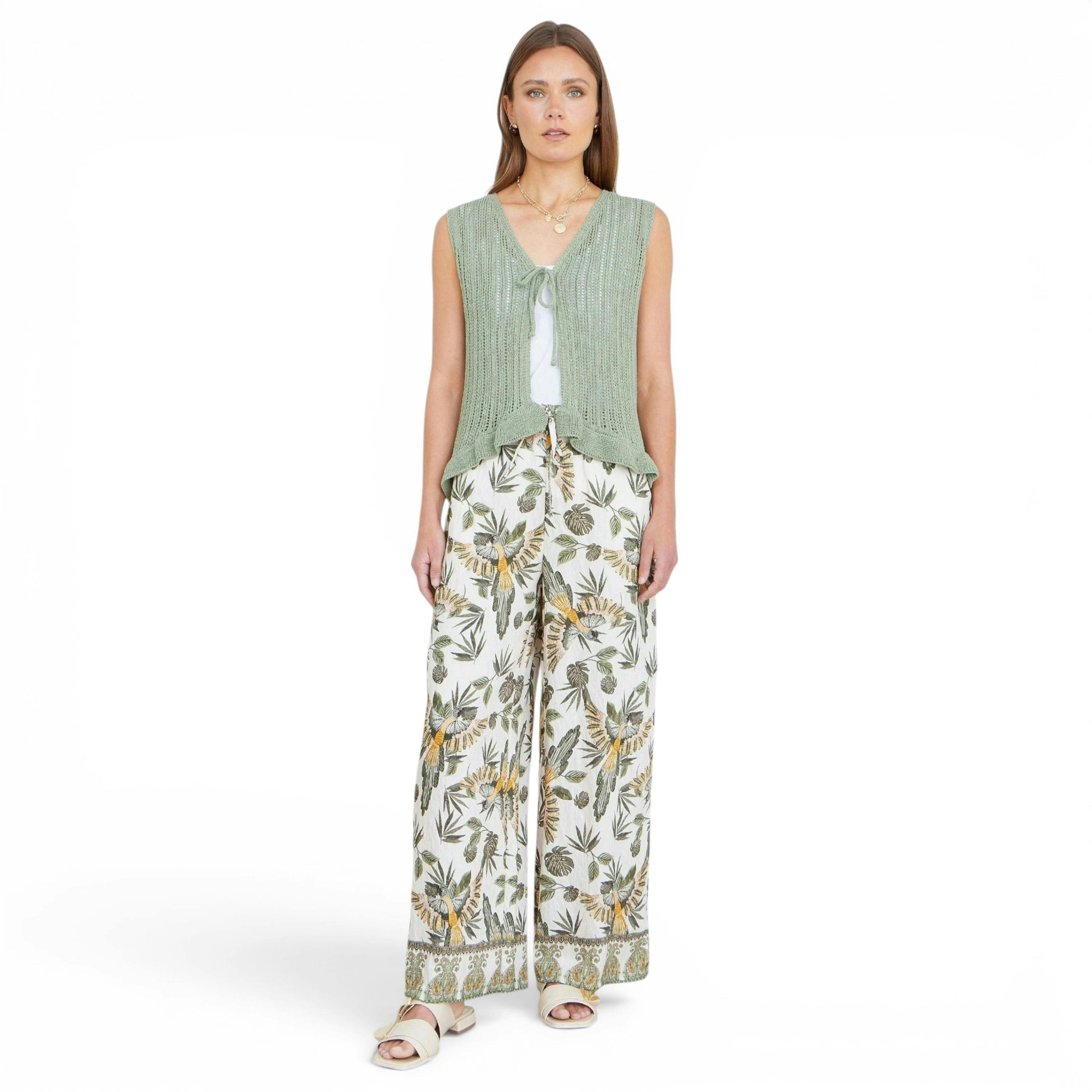 Yumi Green Bird Print Viscose Wide Leg Trousers , view 1 of 5