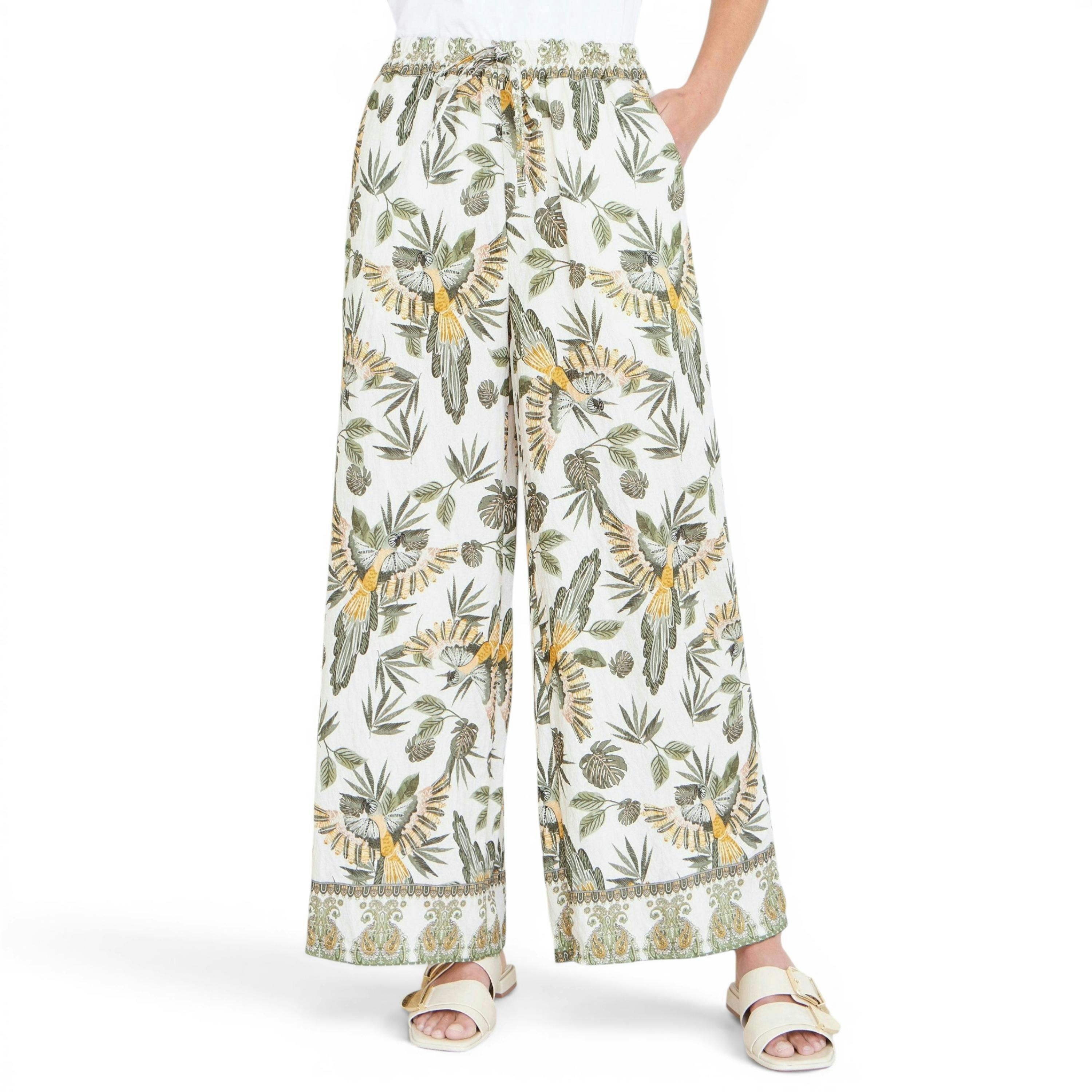 Yumi Green Bird Print Viscose Wide Leg Trousers , view 3 of 5
