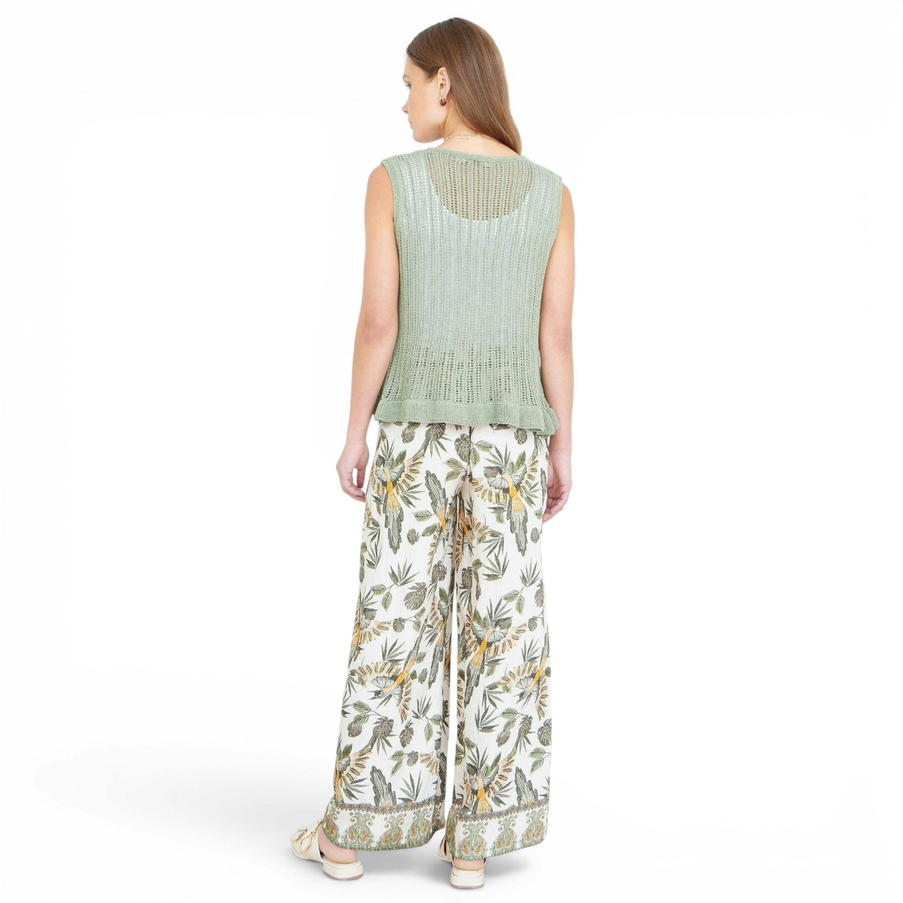 Yumi Green Bird Print Viscose Wide Leg Trousers , view 4 of 5