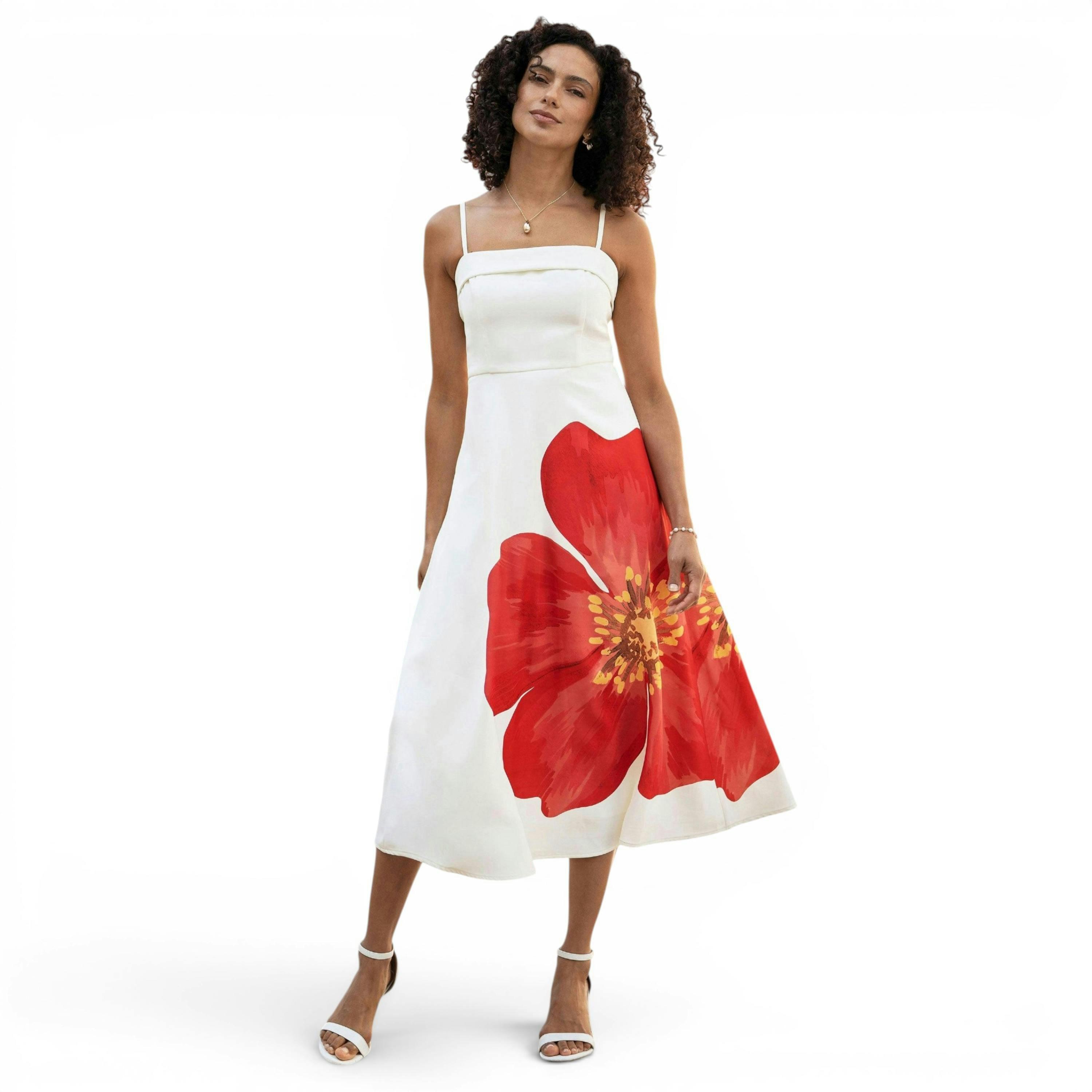 Yumi White Oversize Poppy Placement Midi Sun Dress , view 1 of 6