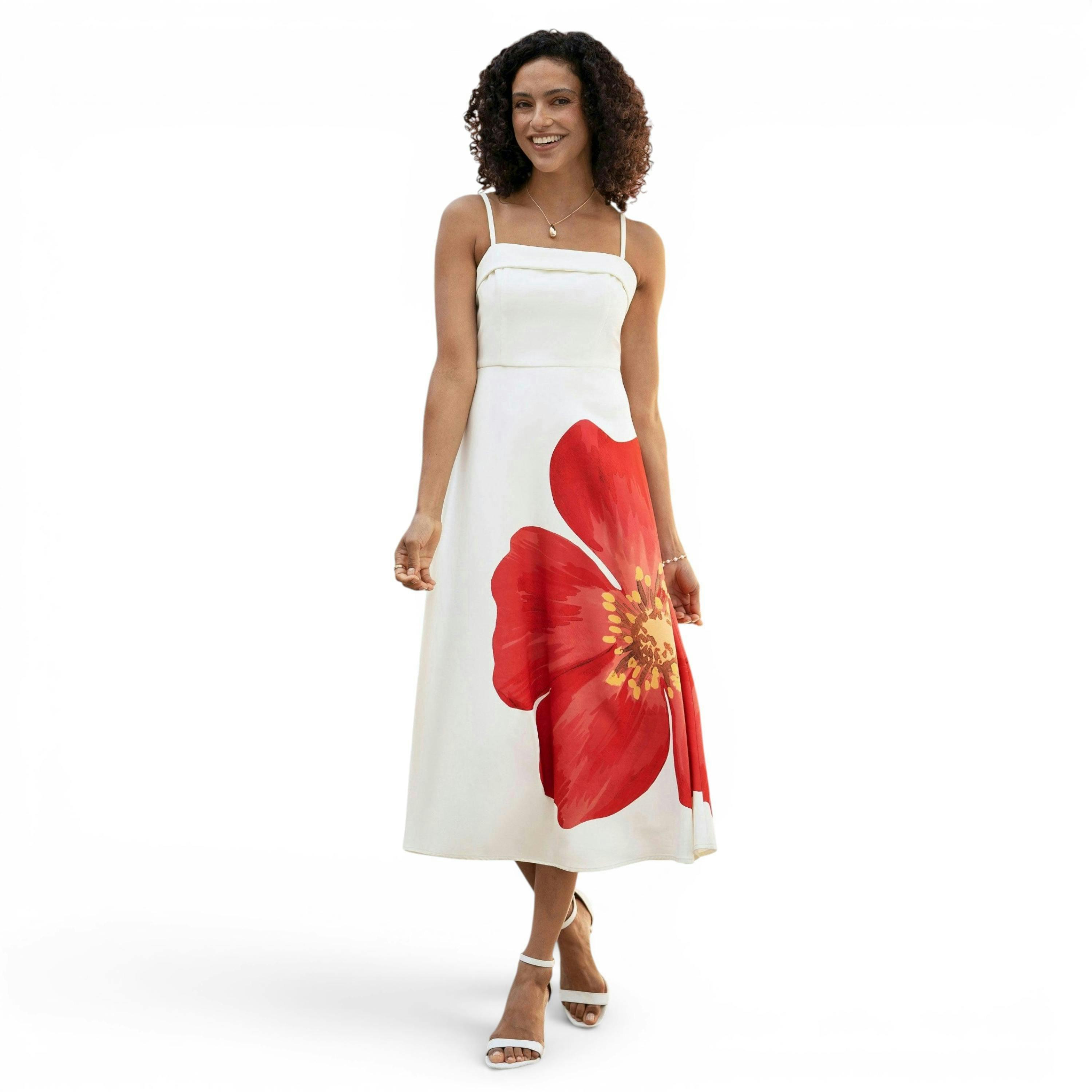 Yumi White Oversize Poppy Placement Midi Sun Dress , view 4 of 6