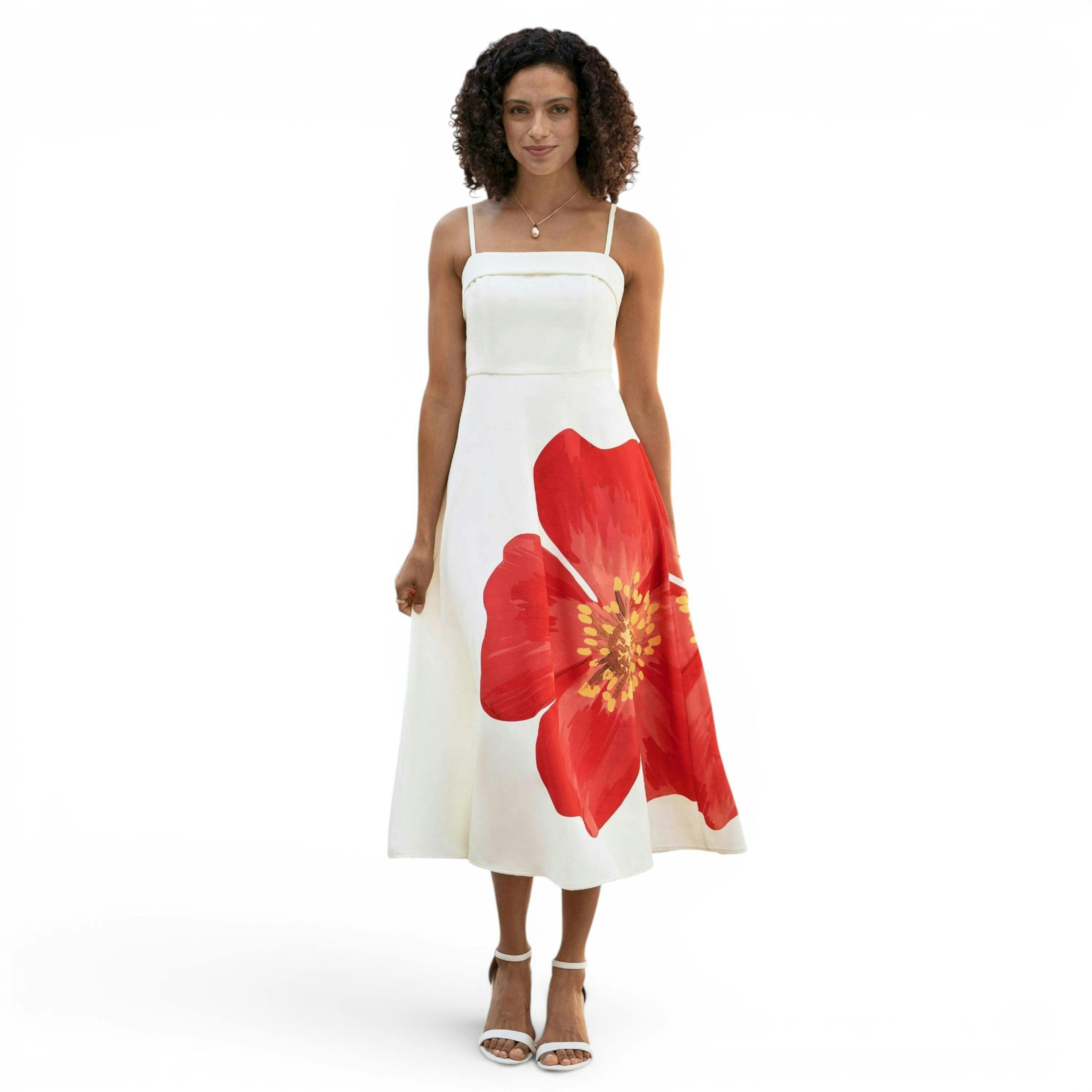 Yumi White Oversize Poppy Placement Midi Sun Dress , view 6 of 6