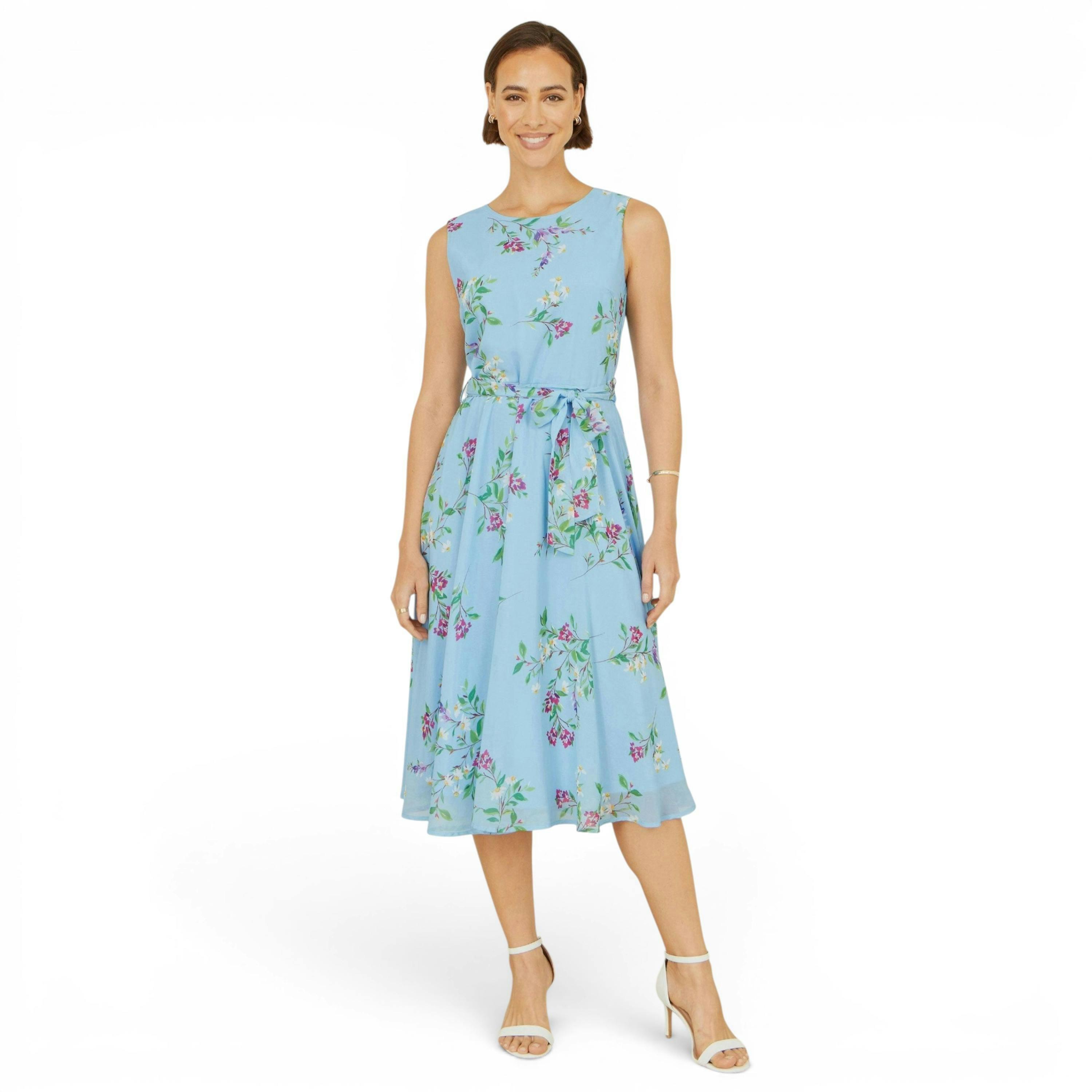 Yumi Blue Floral Print Midi Skater Dress , view 3 of 6