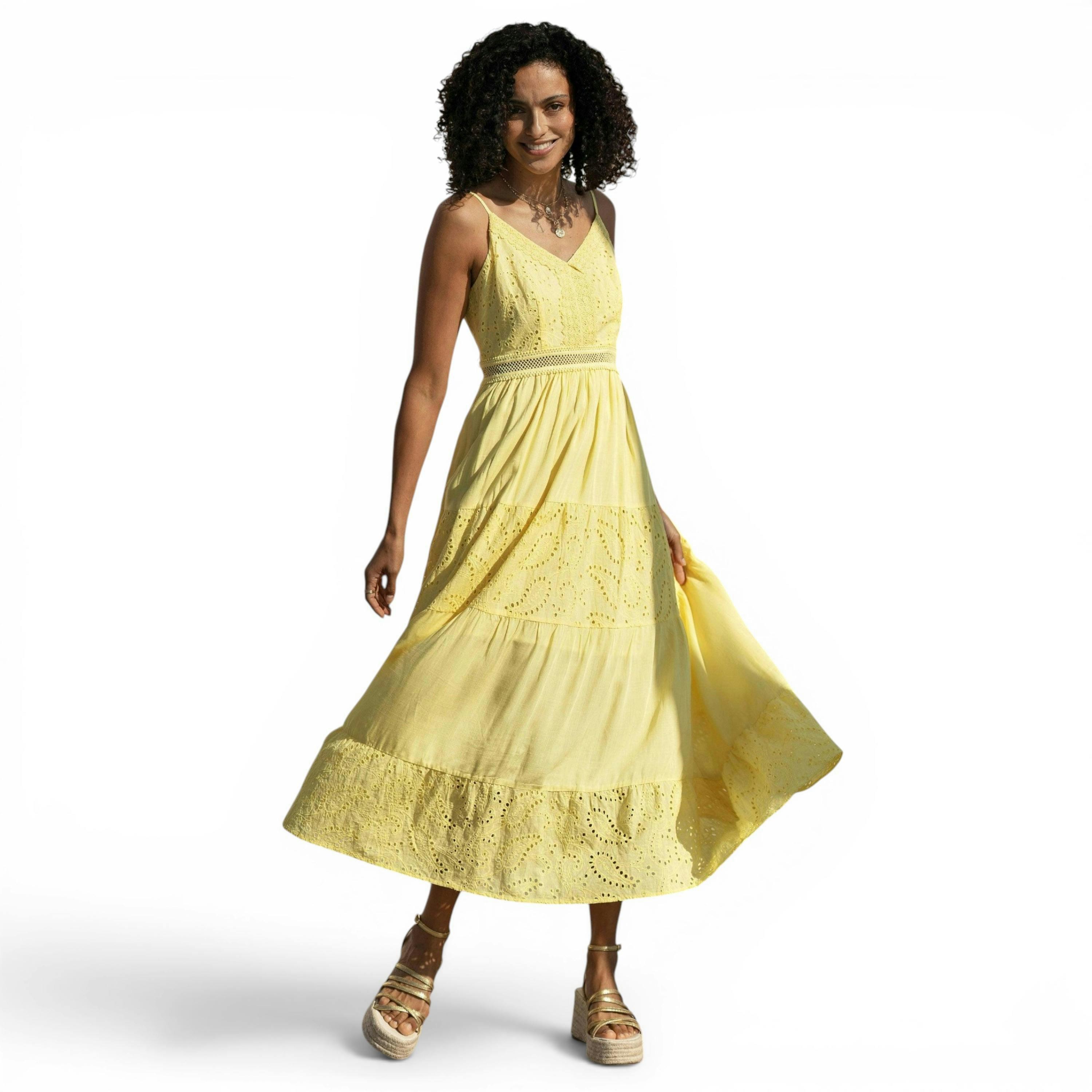 Yumi Butter Yellow Cotton Lace Trim Midi Dress , view 1 of 6
