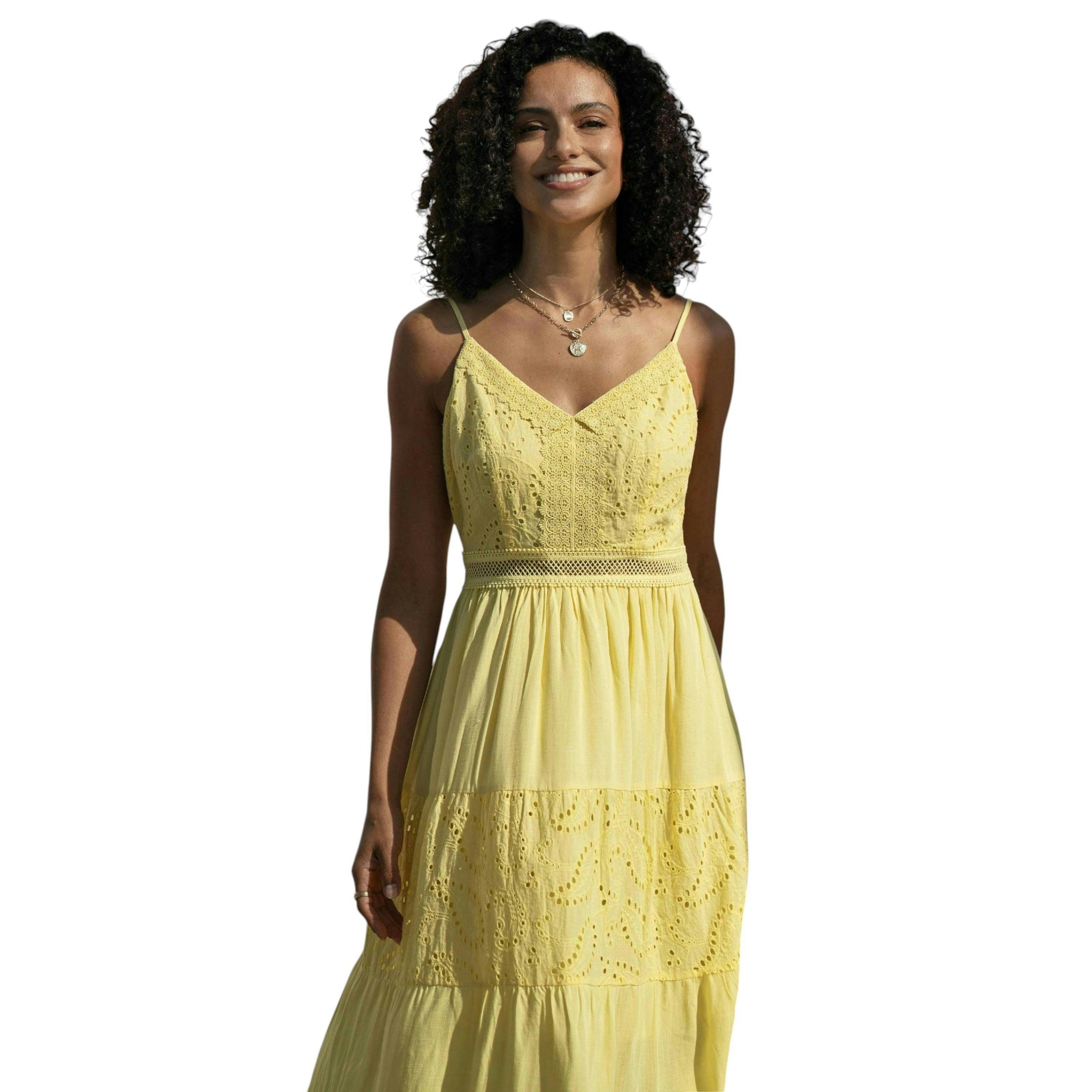 Yumi Butter Yellow Cotton Lace Trim Midi Dress , view 2 of 6