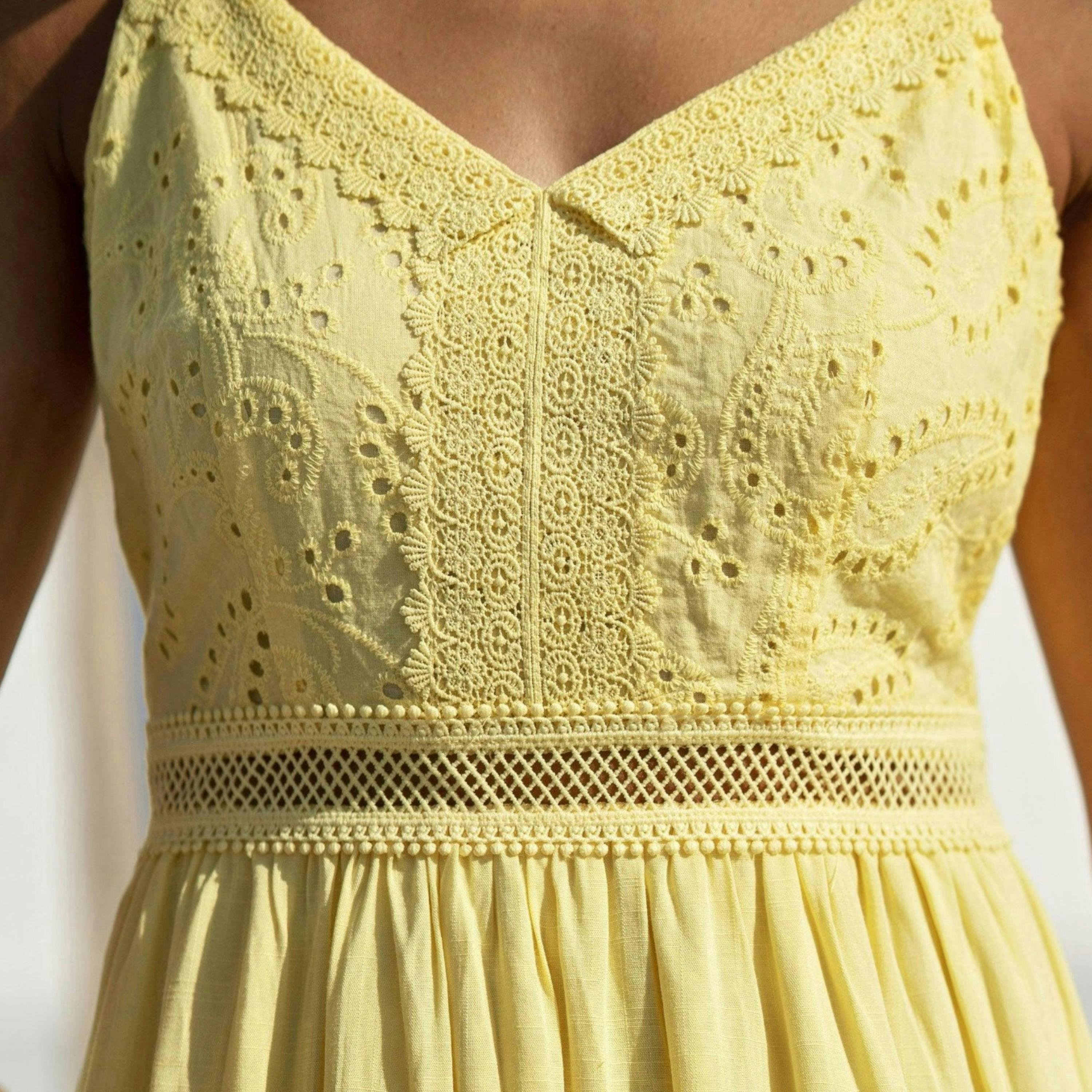 Yumi Butter Yellow Cotton Lace Trim Midi Dress , view 3 of 6
