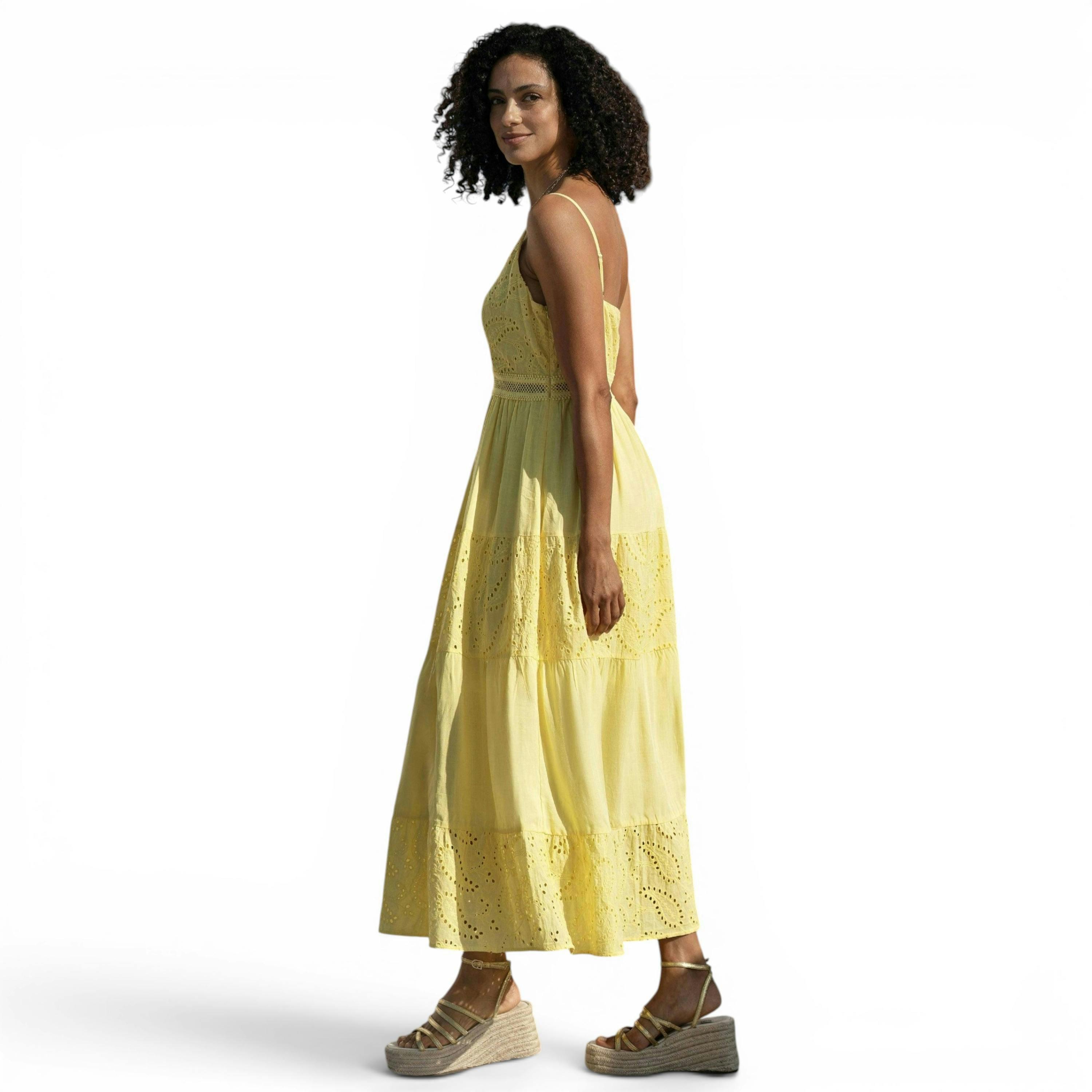 Yumi Butter Yellow Cotton Lace Trim Midi Dress , view 4 of 6