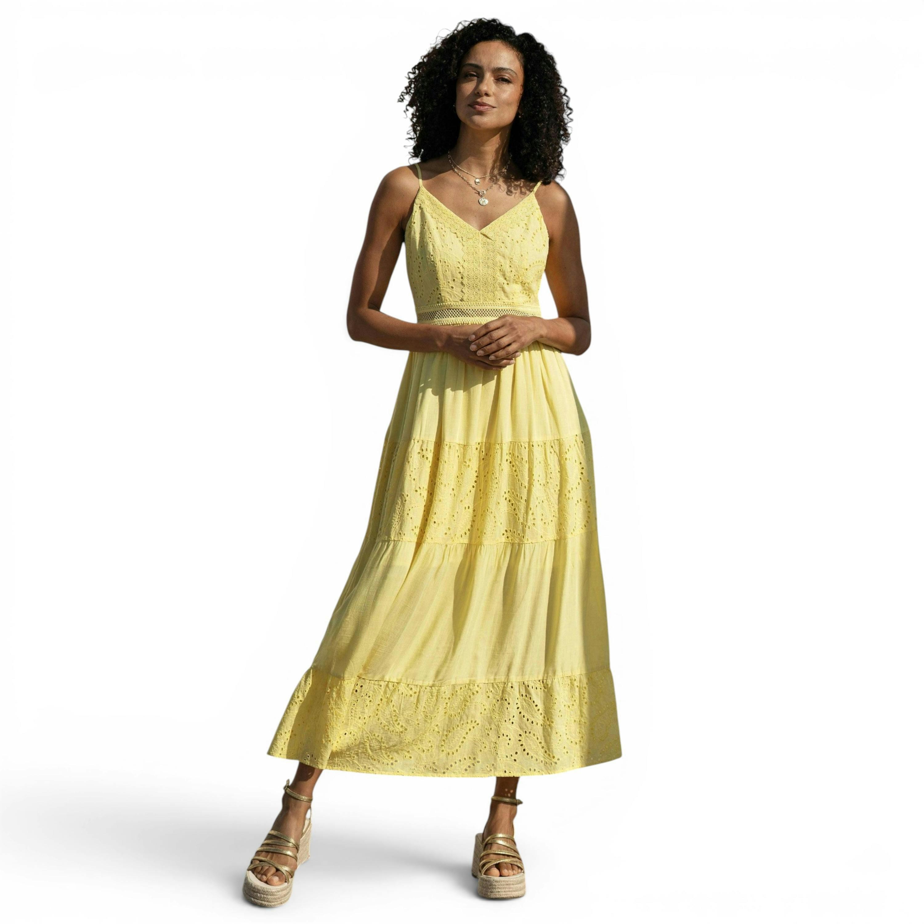 Yumi Butter Yellow Cotton Lace Trim Midi Dress , view 5 of 6