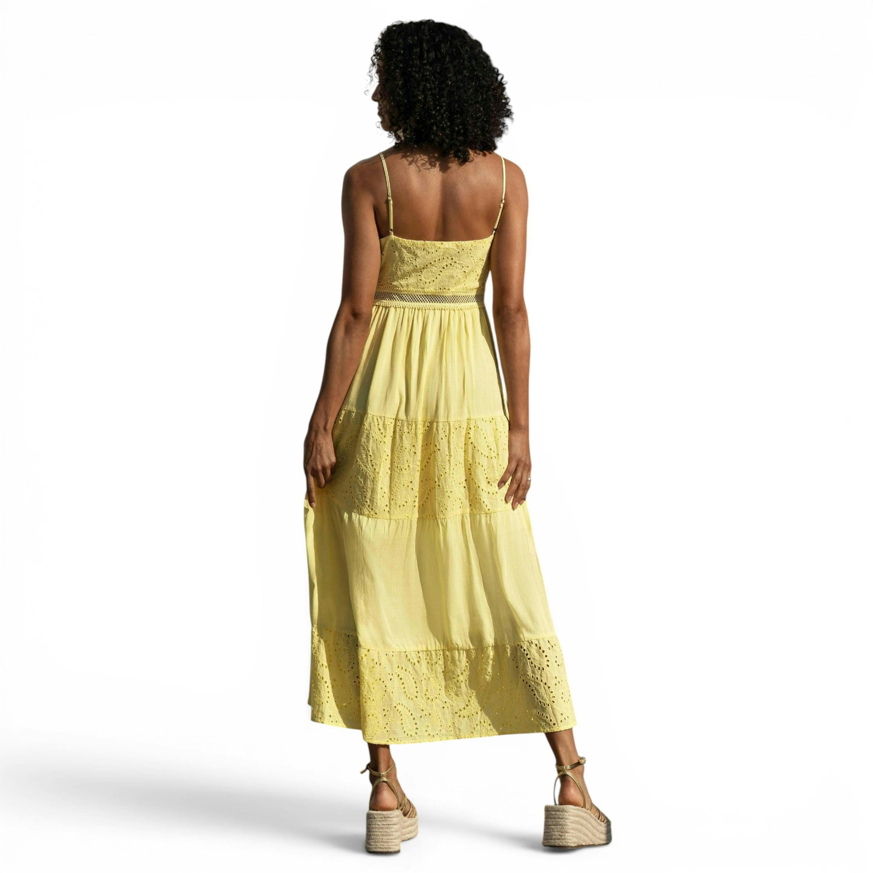 Yumi Butter Yellow Cotton Lace Trim Midi Dress , view 6 of 6