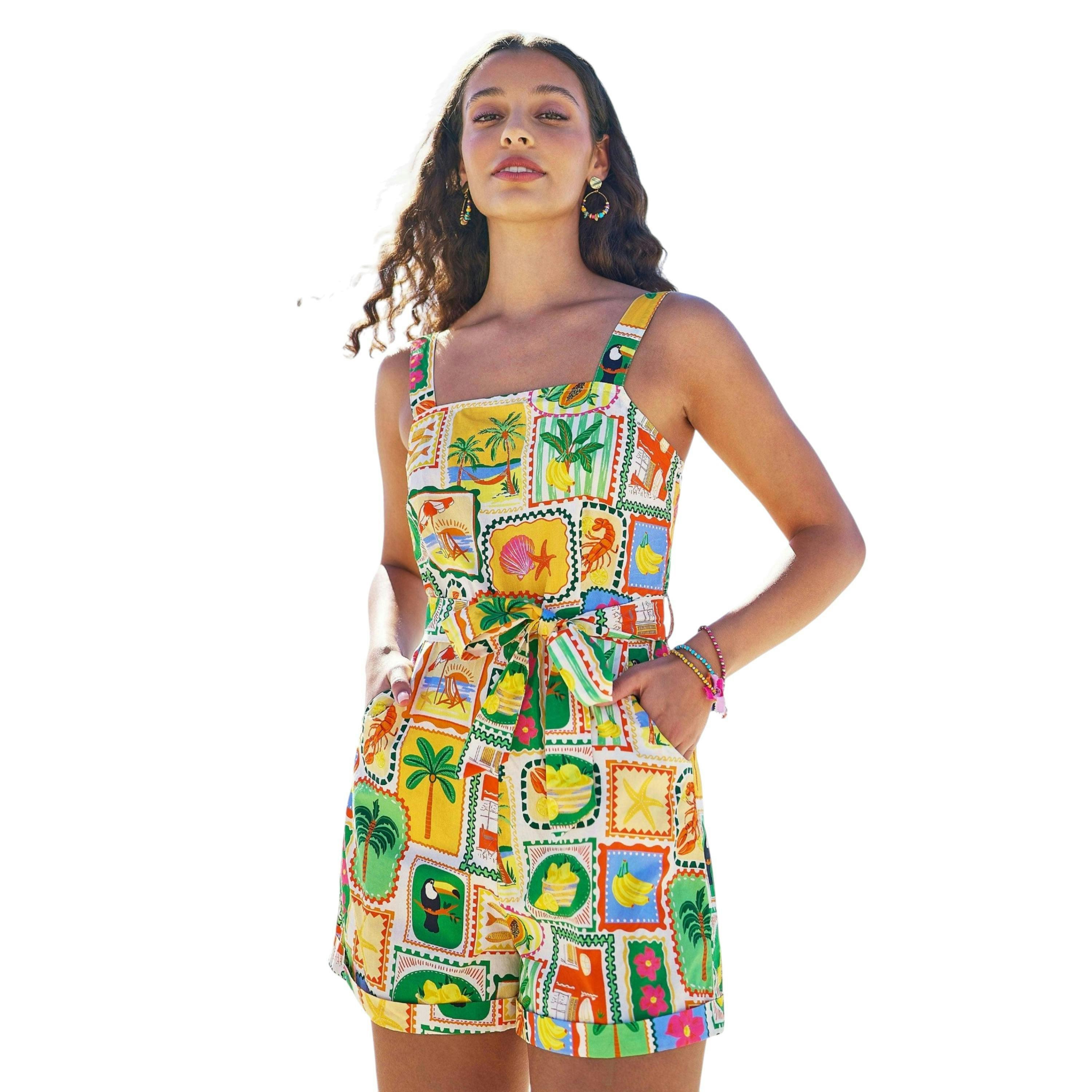 Yumi Multicolour Cotton Postcard Print Playsuit , view 1 of 6