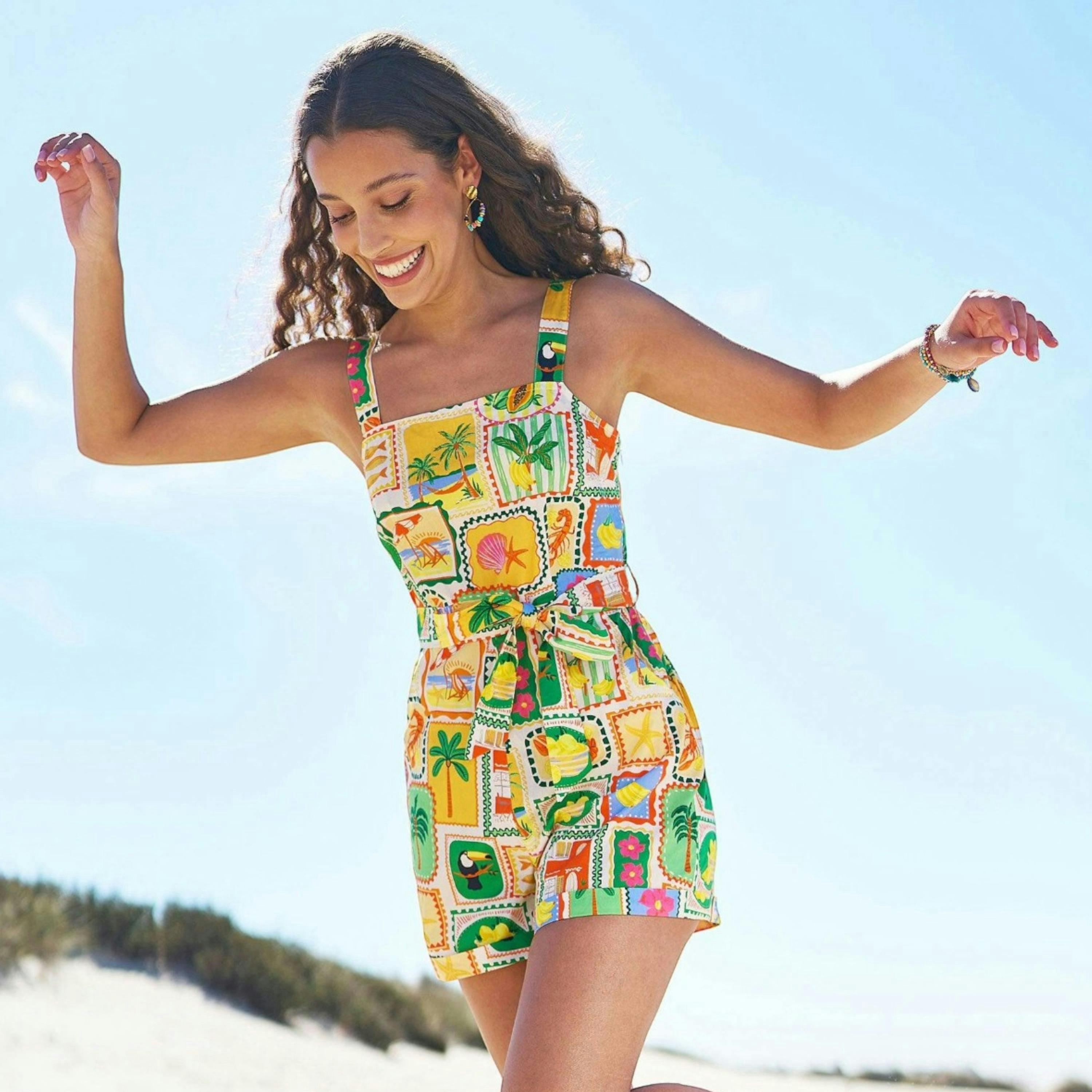 Yumi Multicolour Cotton Postcard Print Playsuit , view 2 of 6