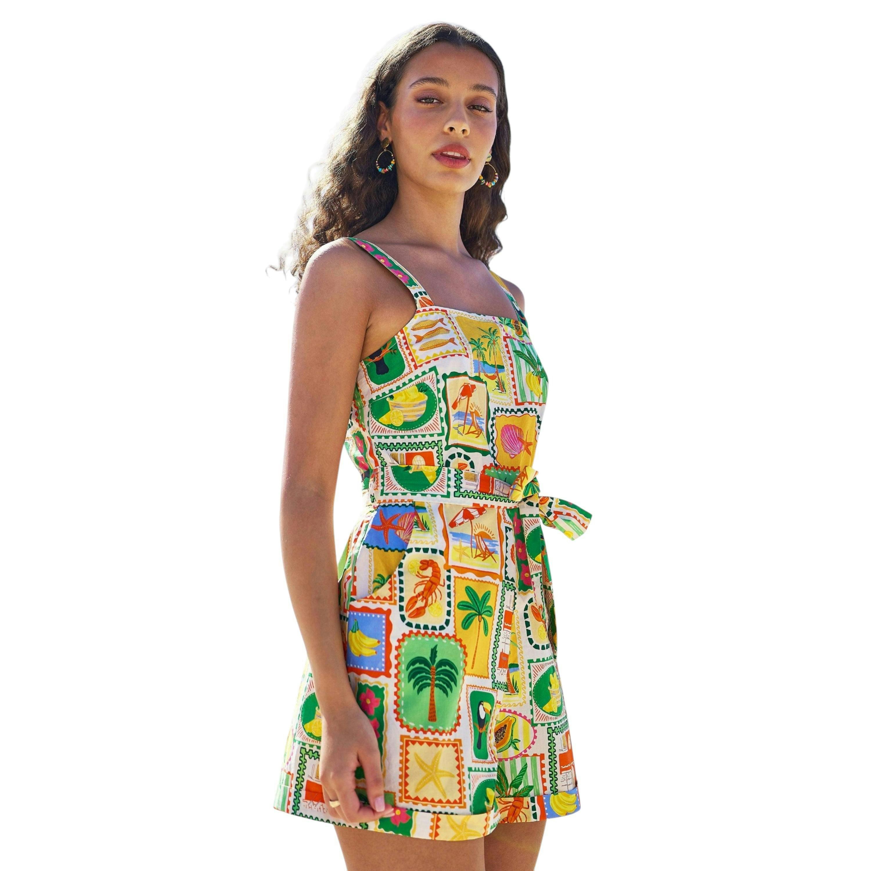 Yumi Multicolour Cotton Postcard Print Playsuit , view 3 of 6