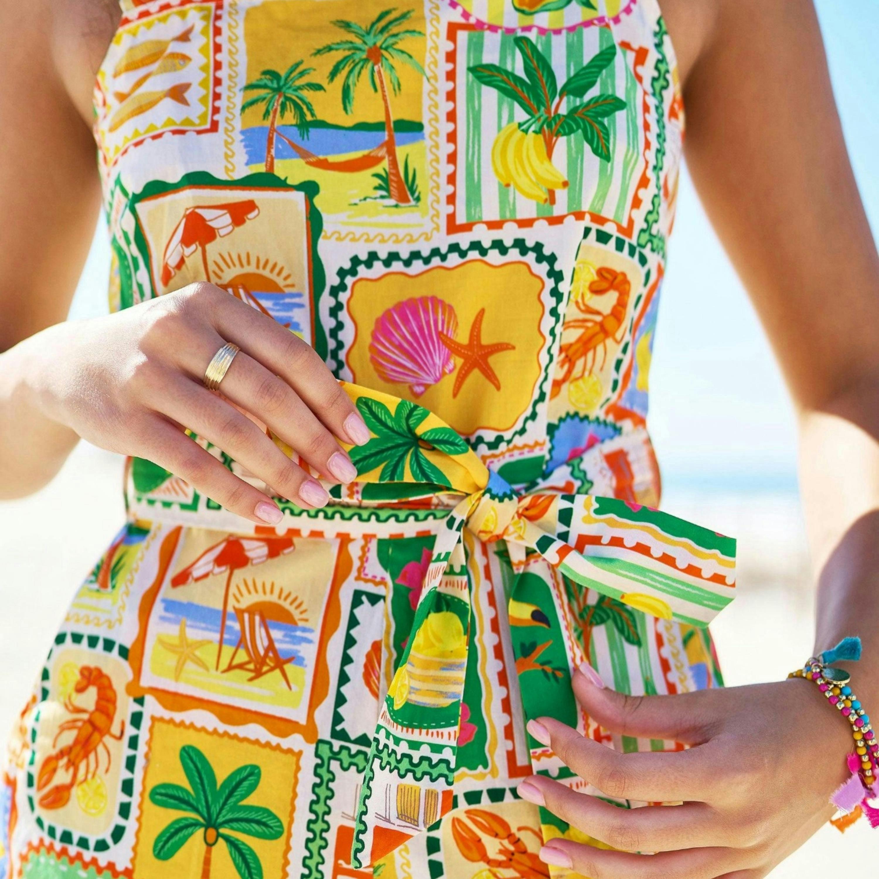 Yumi Multicolour Cotton Postcard Print Playsuit , view 4 of 6
