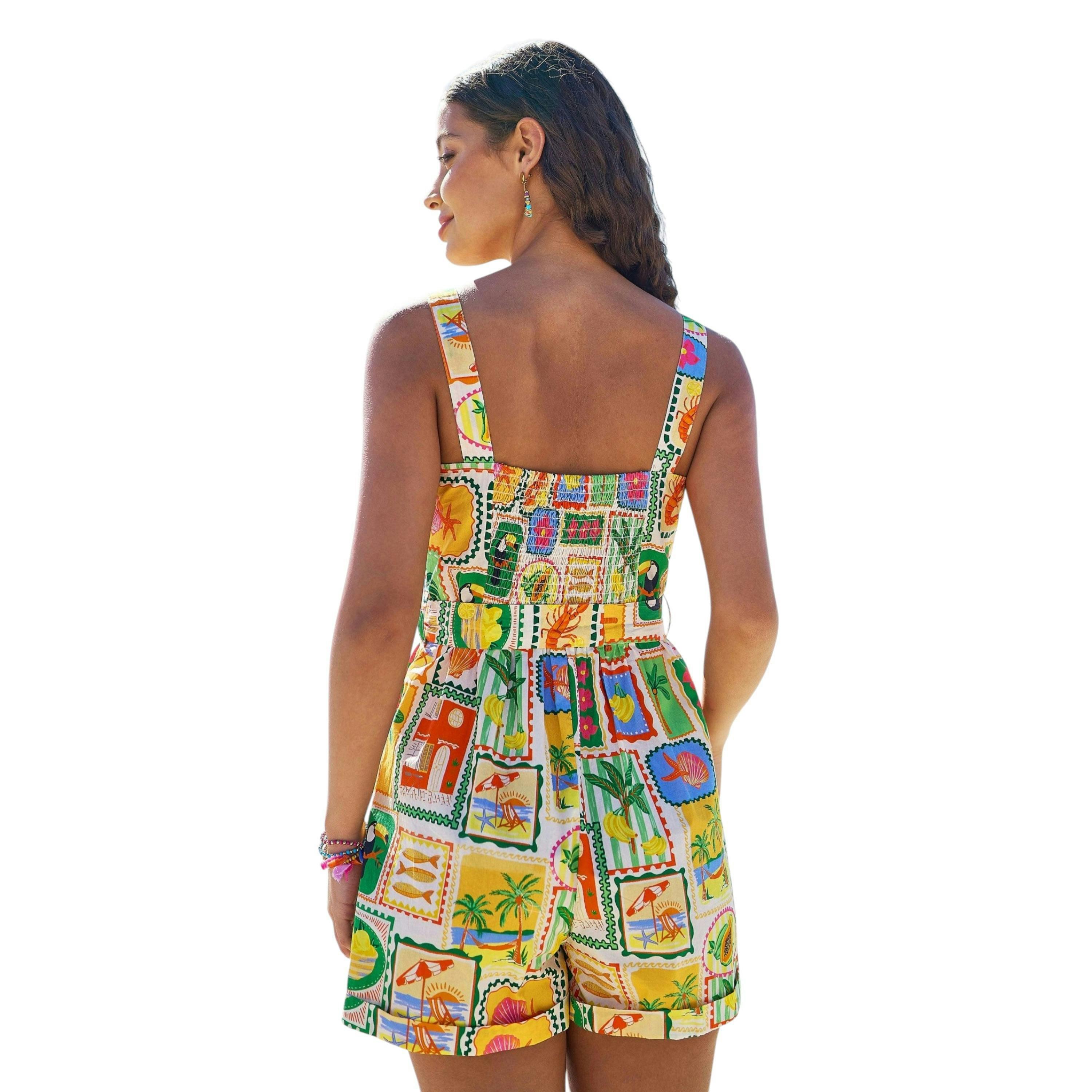 Yumi Multicolour Cotton Postcard Print Playsuit , view 5 of 6