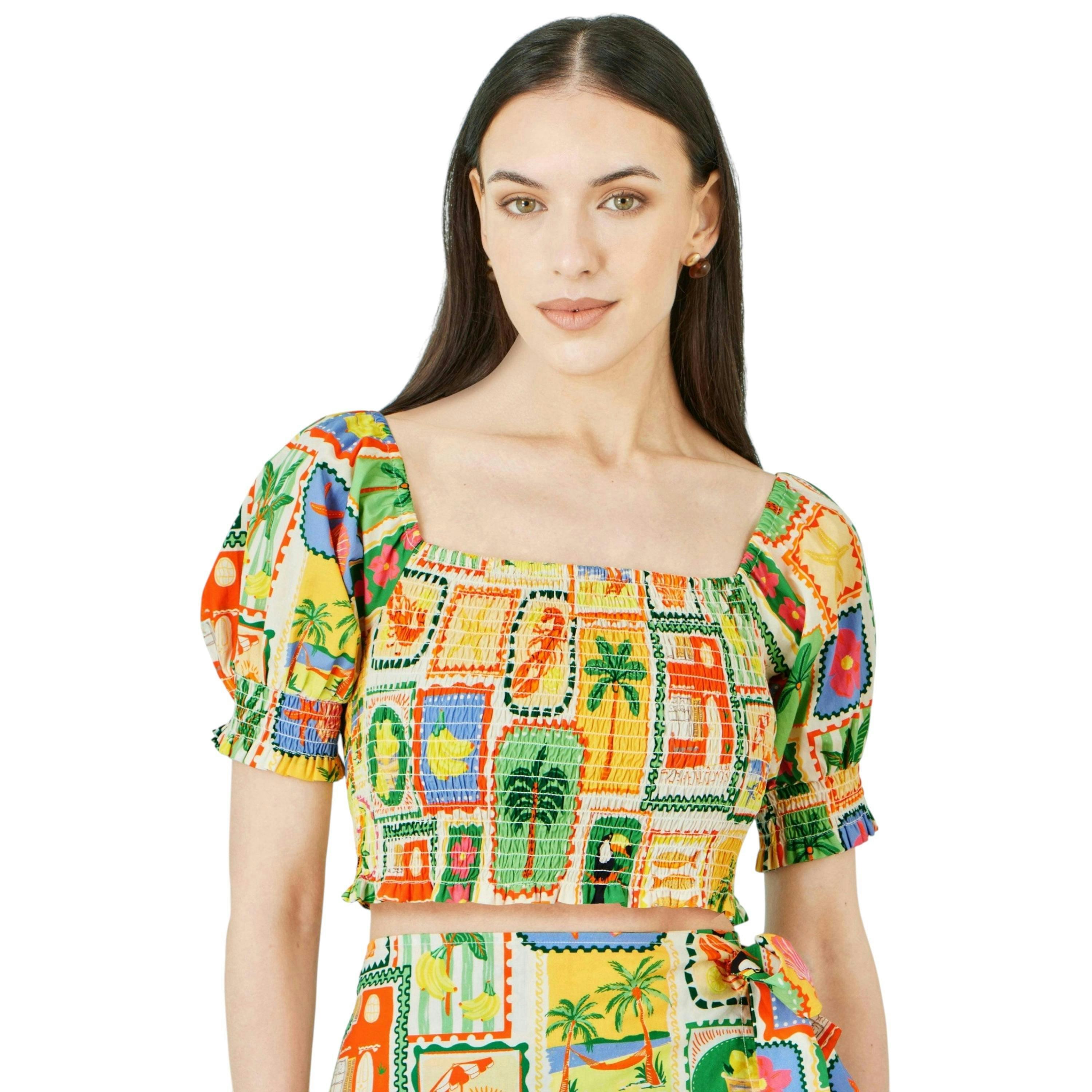 Yumi Multicolour Cropped Shirred Cotton Postcard Print Top , view 1 of 6